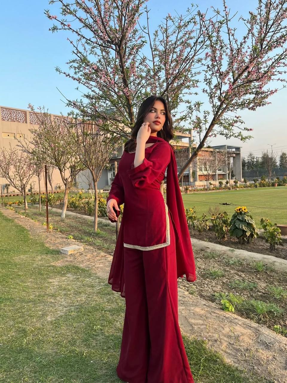90’s Style Maroon Georgette Palazzo Sharara Suit