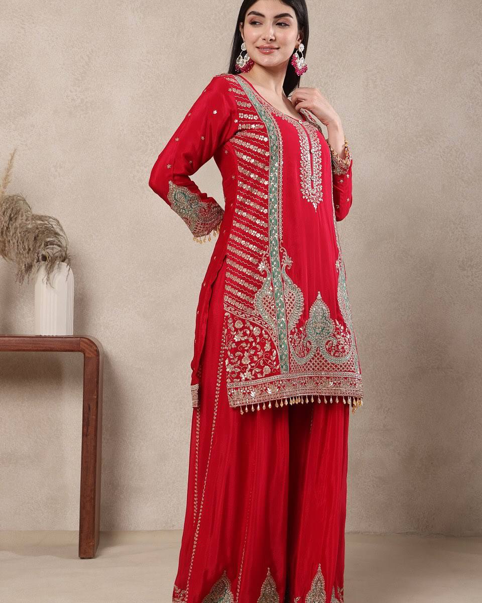 Wedding Wear Rani Red Chinnon Silk Sharara Palazzo Set with Dupatta