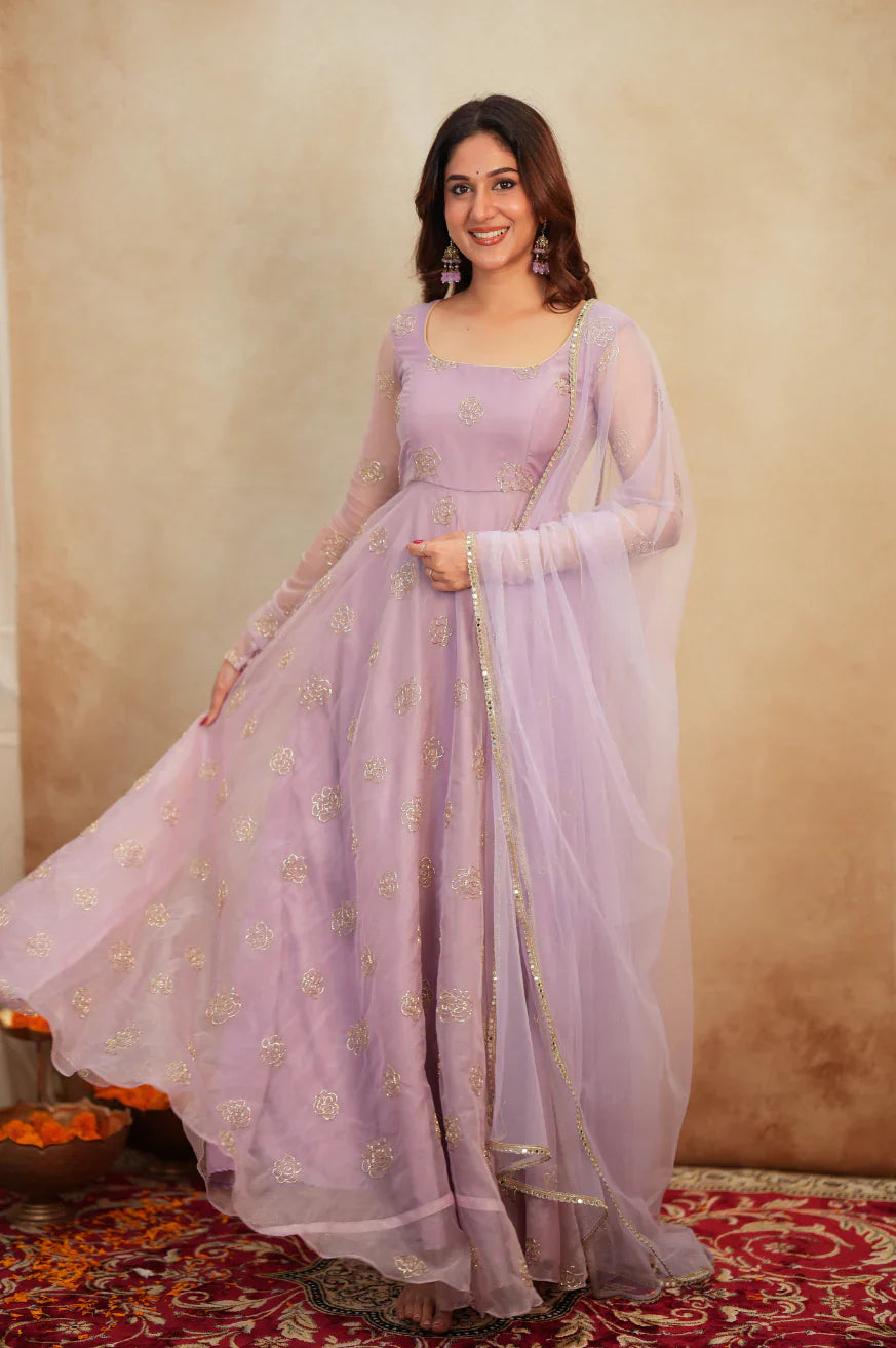 Lavender Organza Anarkali Suit with Rose Motif Embroidery & Net Dupatta
