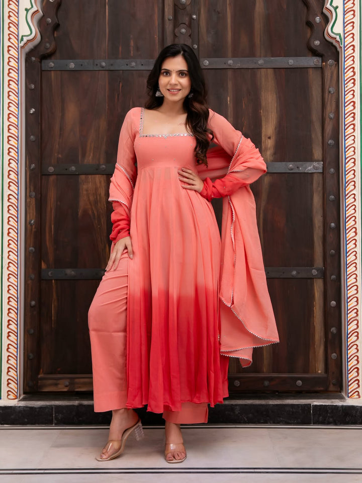 Peach Pink Mirror Work Anarkali Suit Set with Dupatta