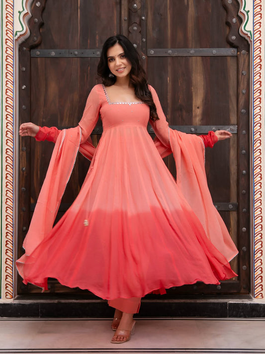 Peach Pink Mirror Work Anarkali Suit Set with Dupatta
