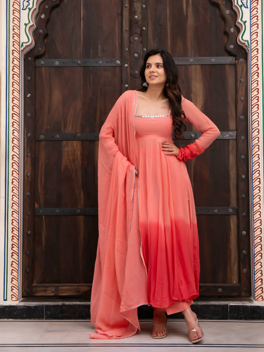 Peach Pink Mirror Work Anarkali Suit Set with Dupatta