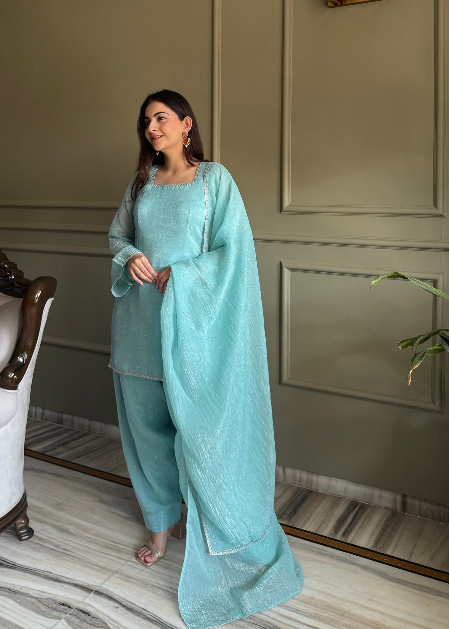 Party Wear Sky Blue Silk Farsi Salwar Suits For Women