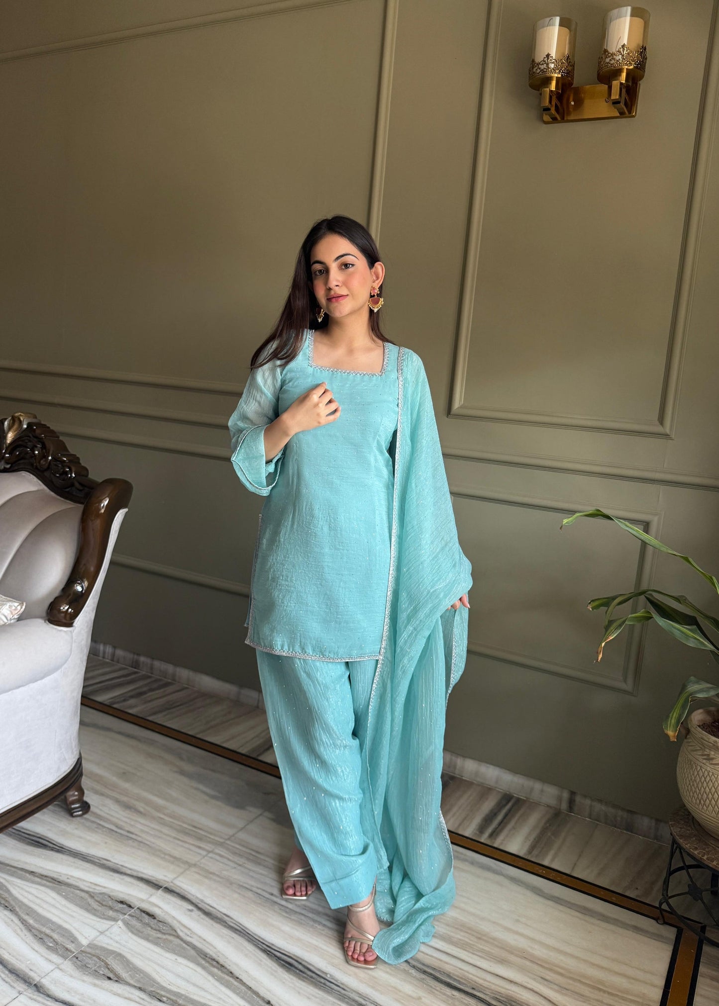 Party Wear Sky Blue Silk Farsi Salwar Suits For Women