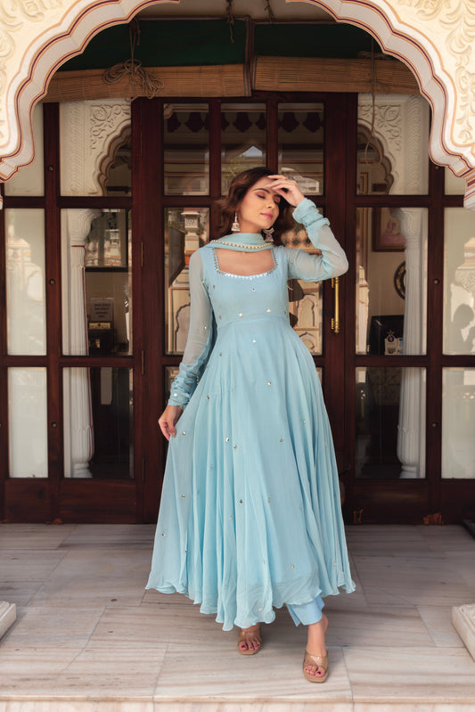 Festive Wear Sky Blue Georgette Anarkali Suit Set