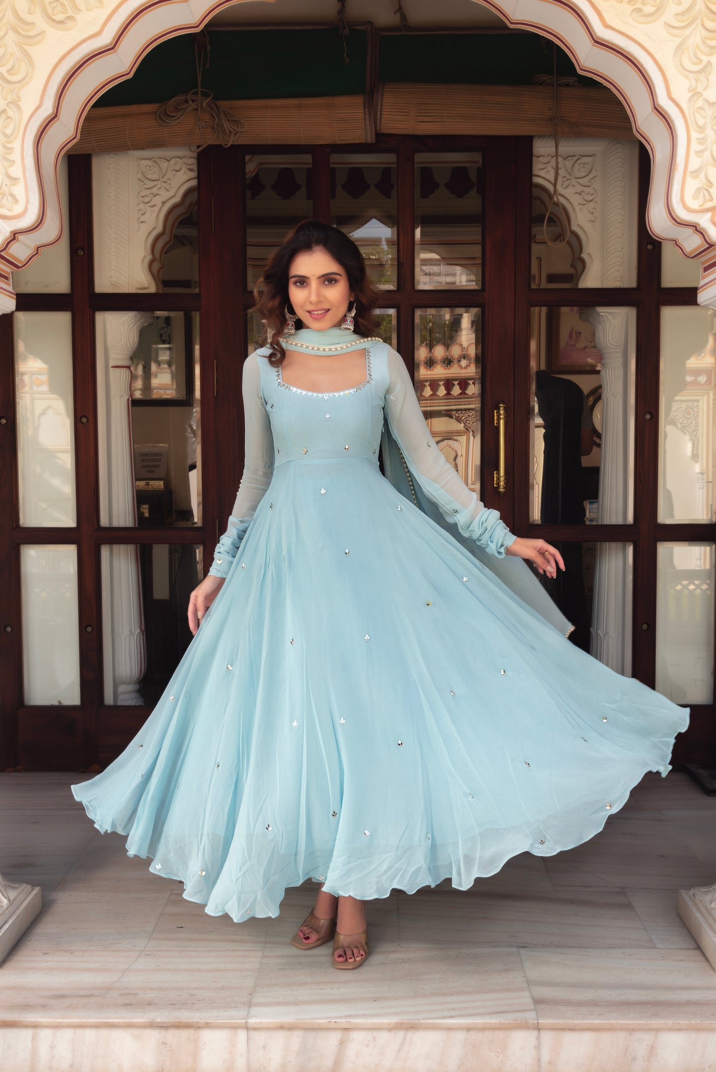 Festive Wear Sky Blue Georgette Anarkali Suit Set