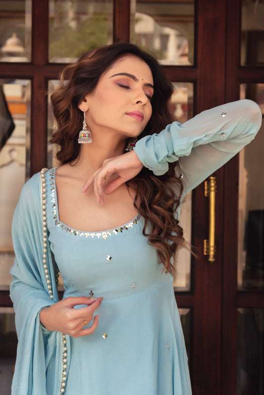 Festive Wear Sky Blue Georgette Anarkali Suit Set