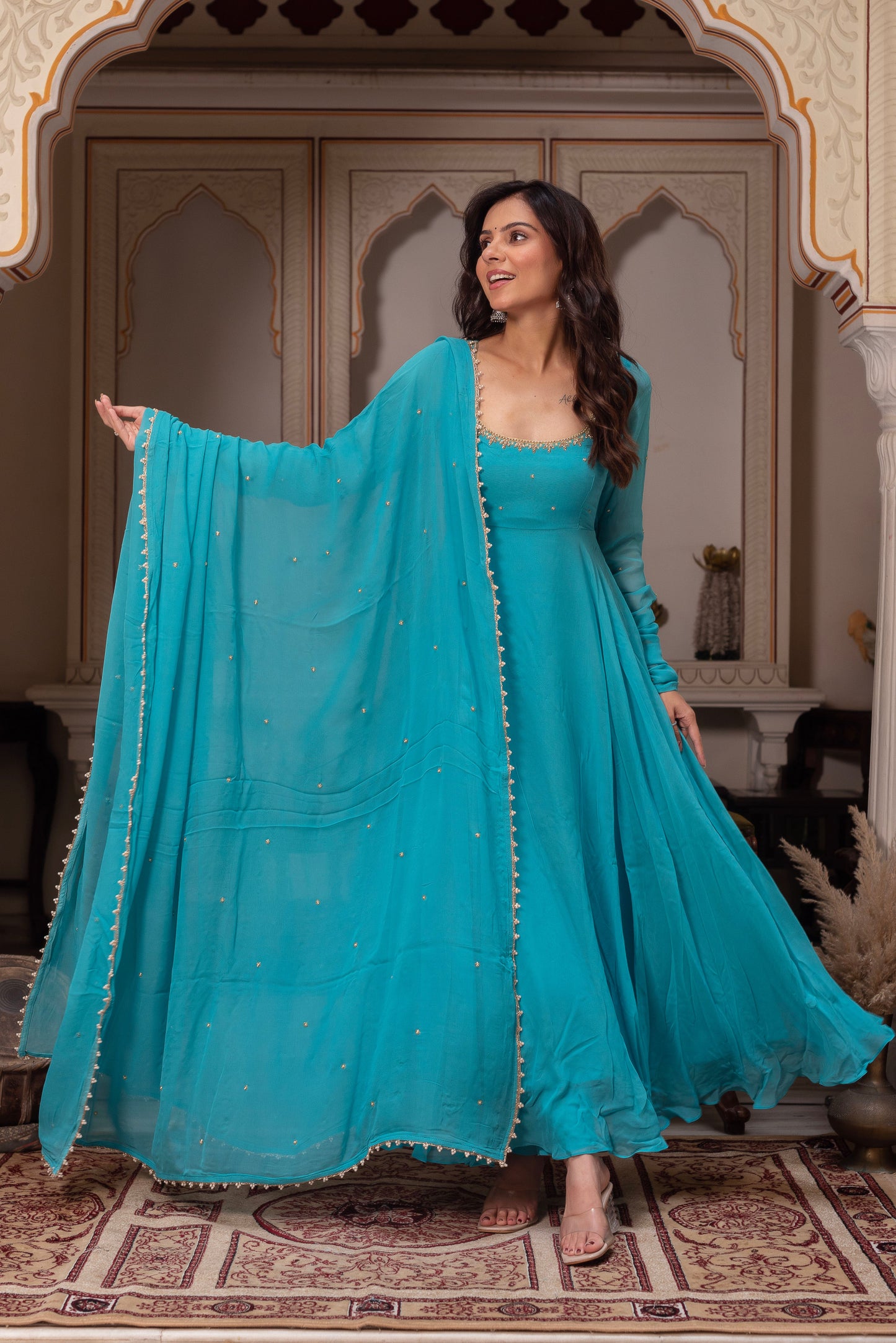 Party Wear Teal Blue Georgette Anarkali Suit Set