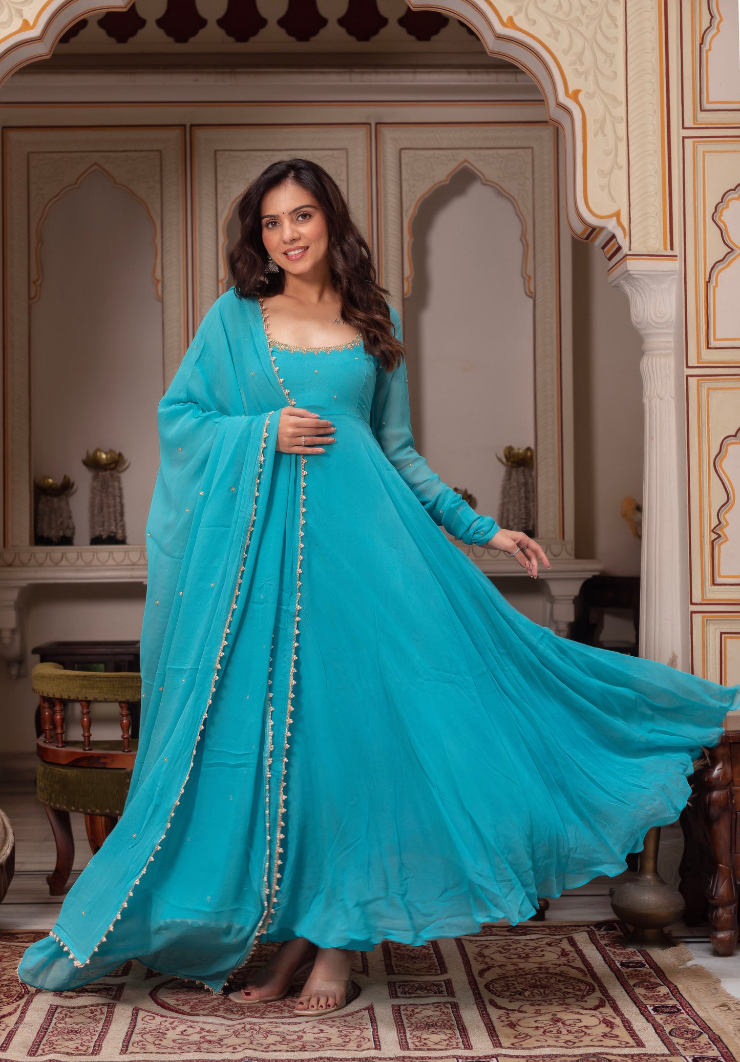 Party Wear Teal Blue Georgette Anarkali Suit Set