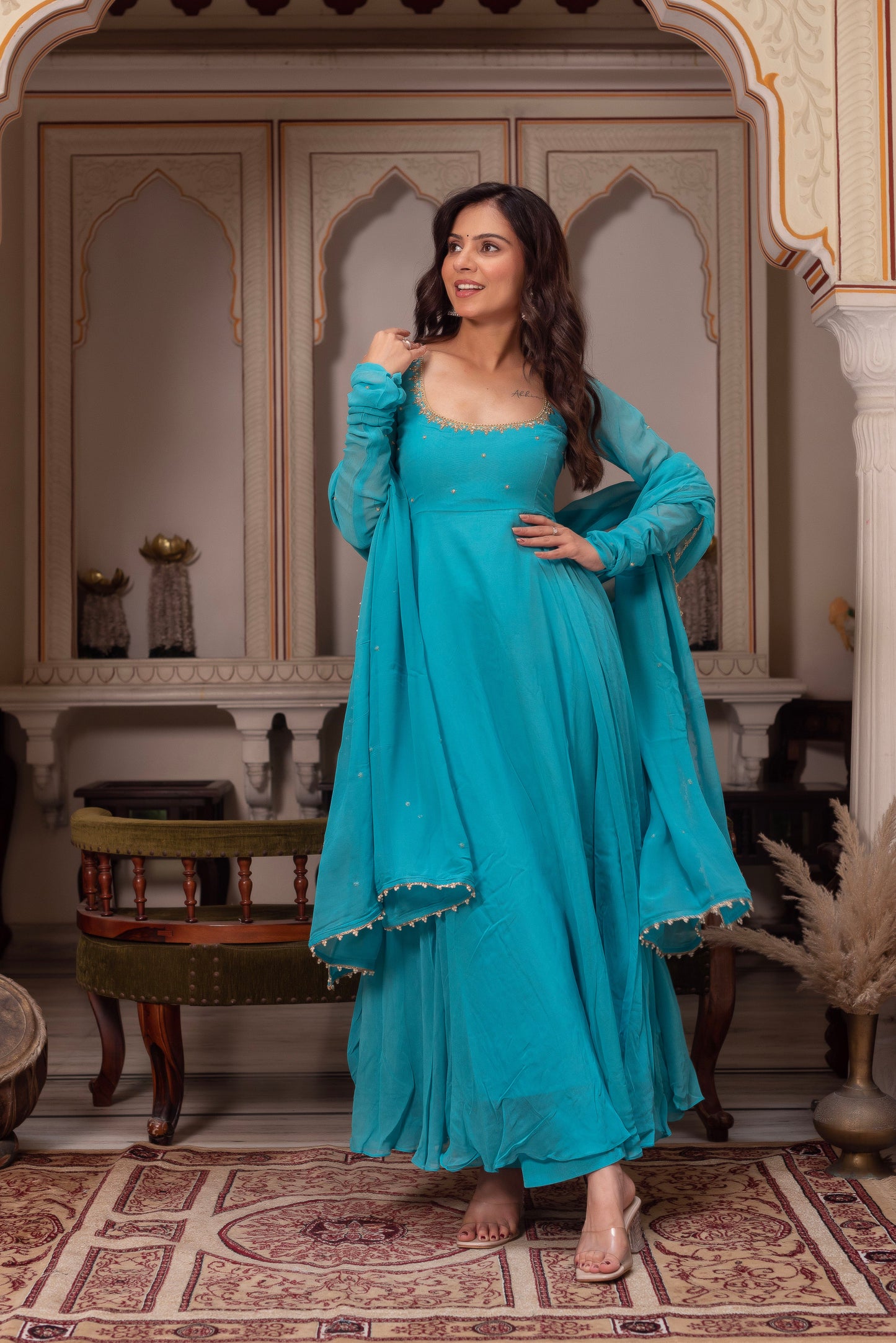 Party Wear Teal Blue Georgette Anarkali Suit Set