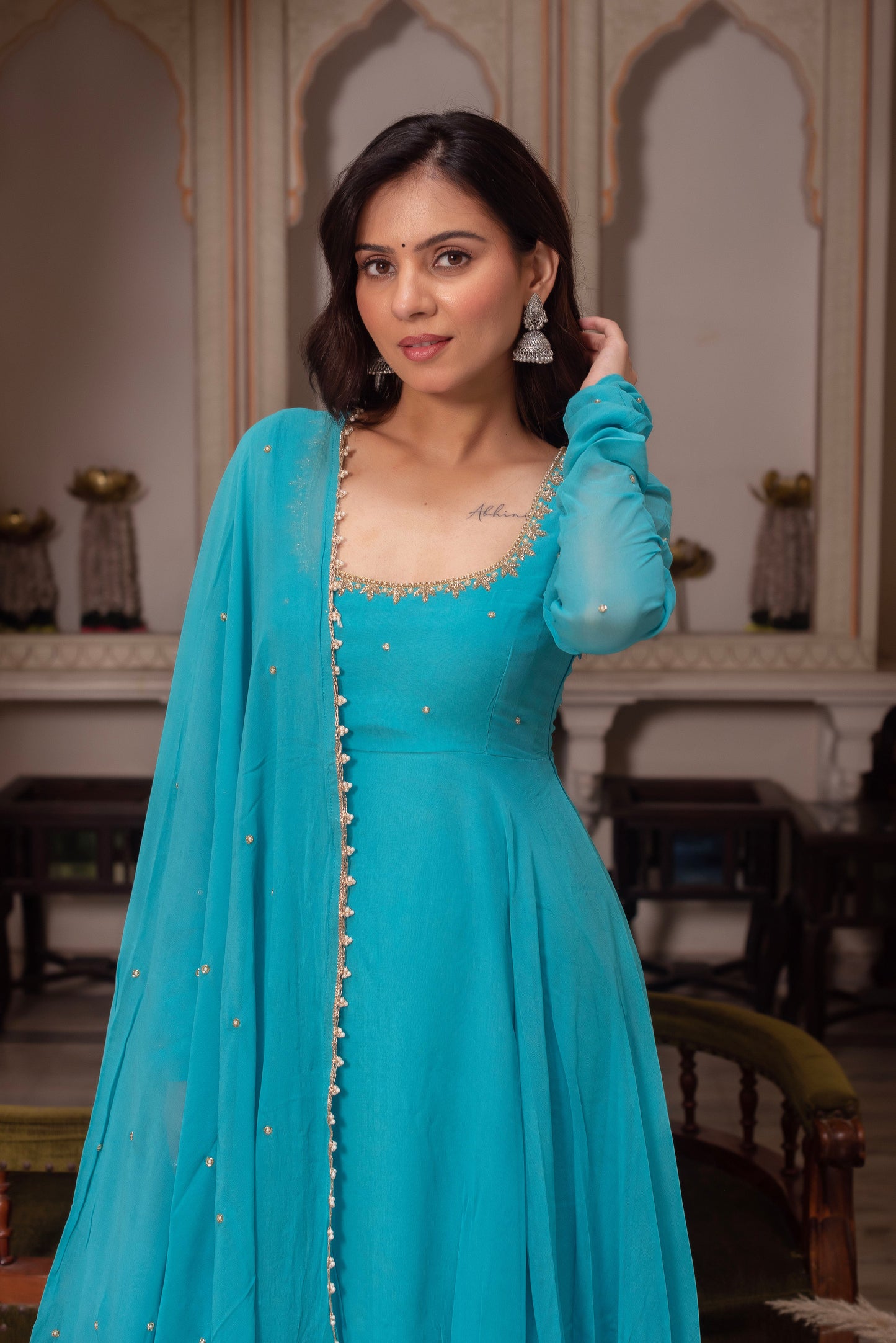 Party Wear Teal Blue Georgette Anarkali Suit Set