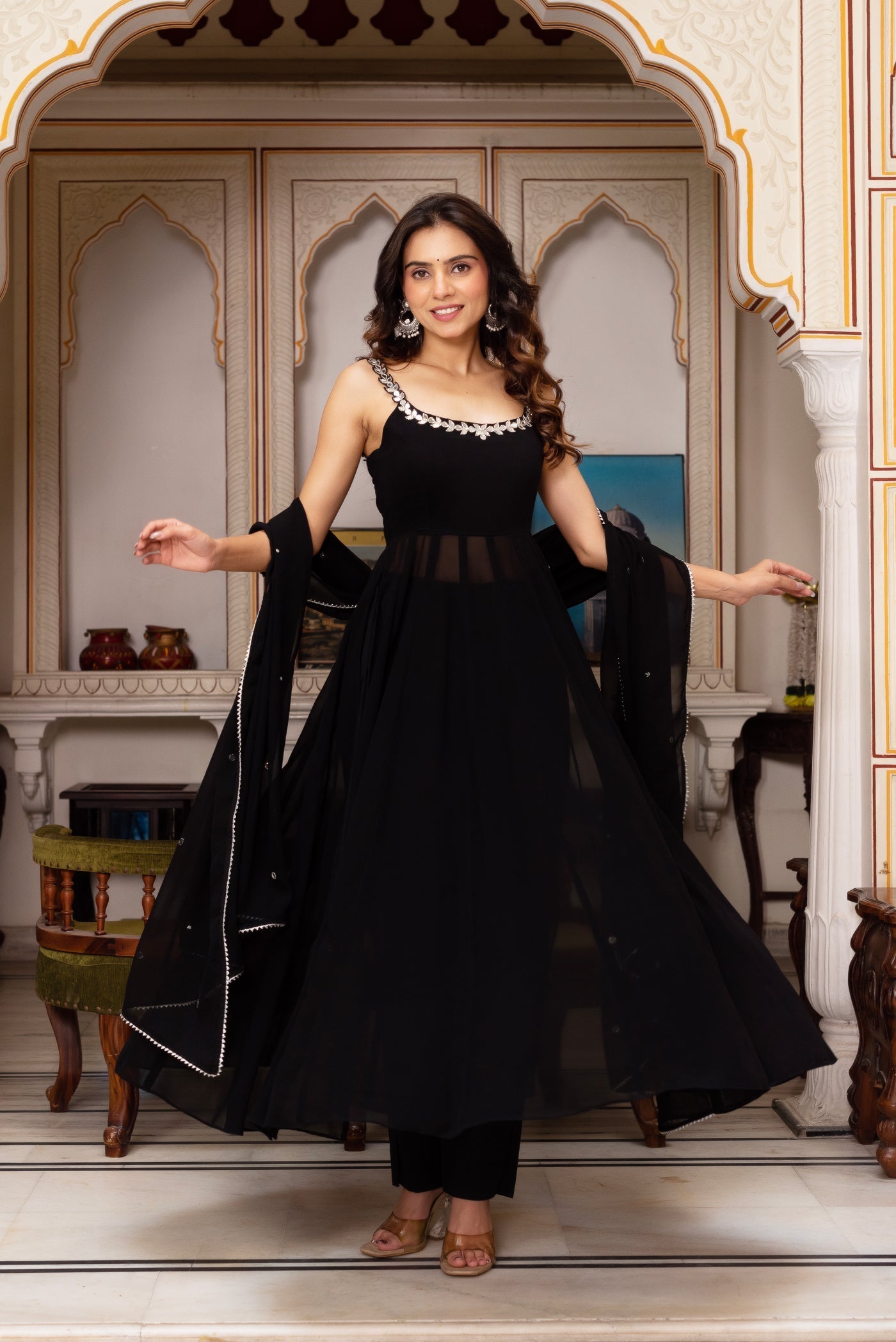Stylish Red Hand Mirror Work Anarkali Set