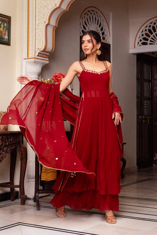 Stylish Red Hand Mirror Work Anarkali Set