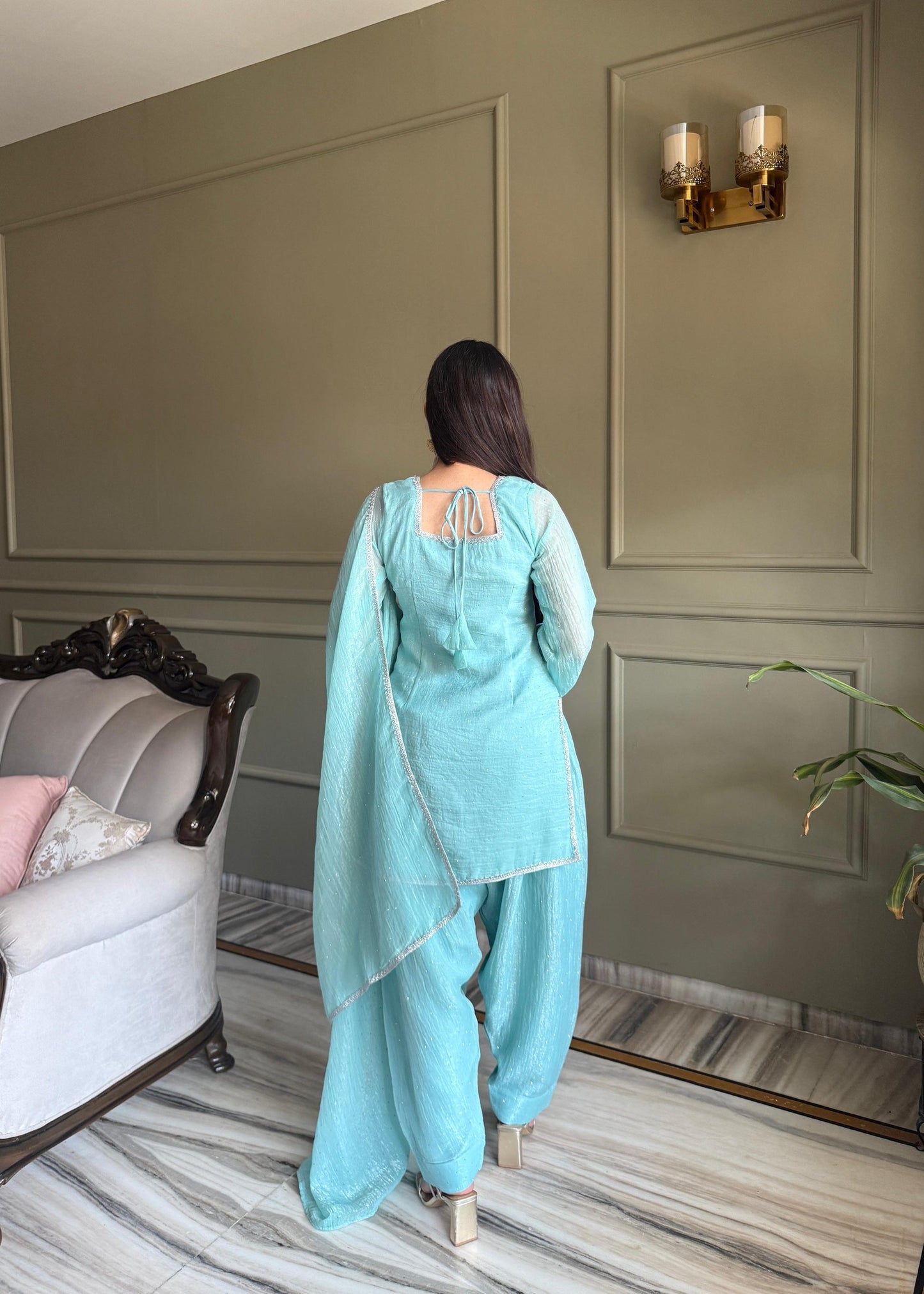 Party Wear Sky Blue Silk Farsi Salwar Suits For Women