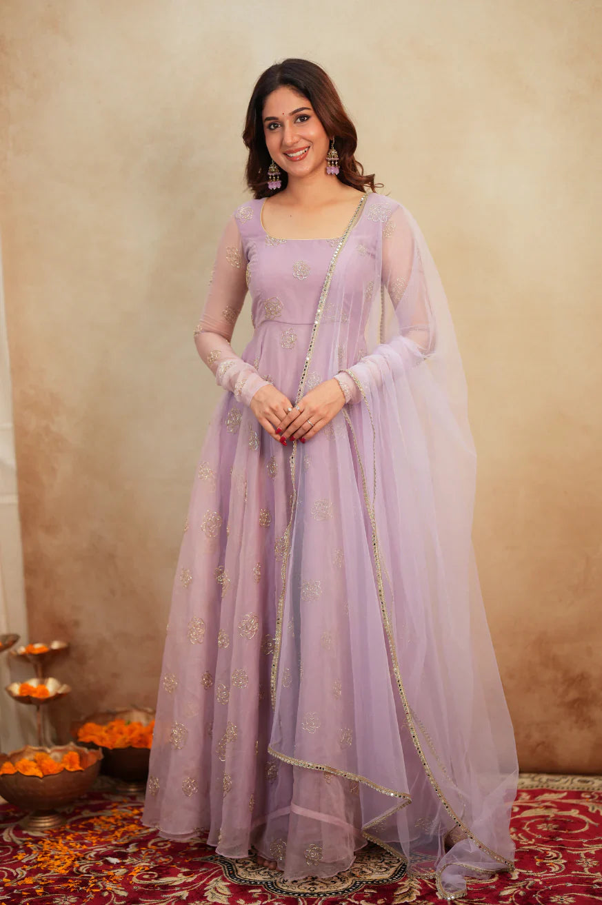 Lavender Organza Anarkali Suit with Rose Motif Embroidery & Net Dupatta