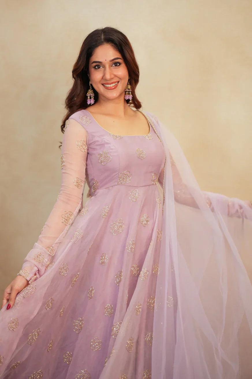 Lavender Organza Anarkali Suit with Rose Motif Embroidery & Net Dupatta