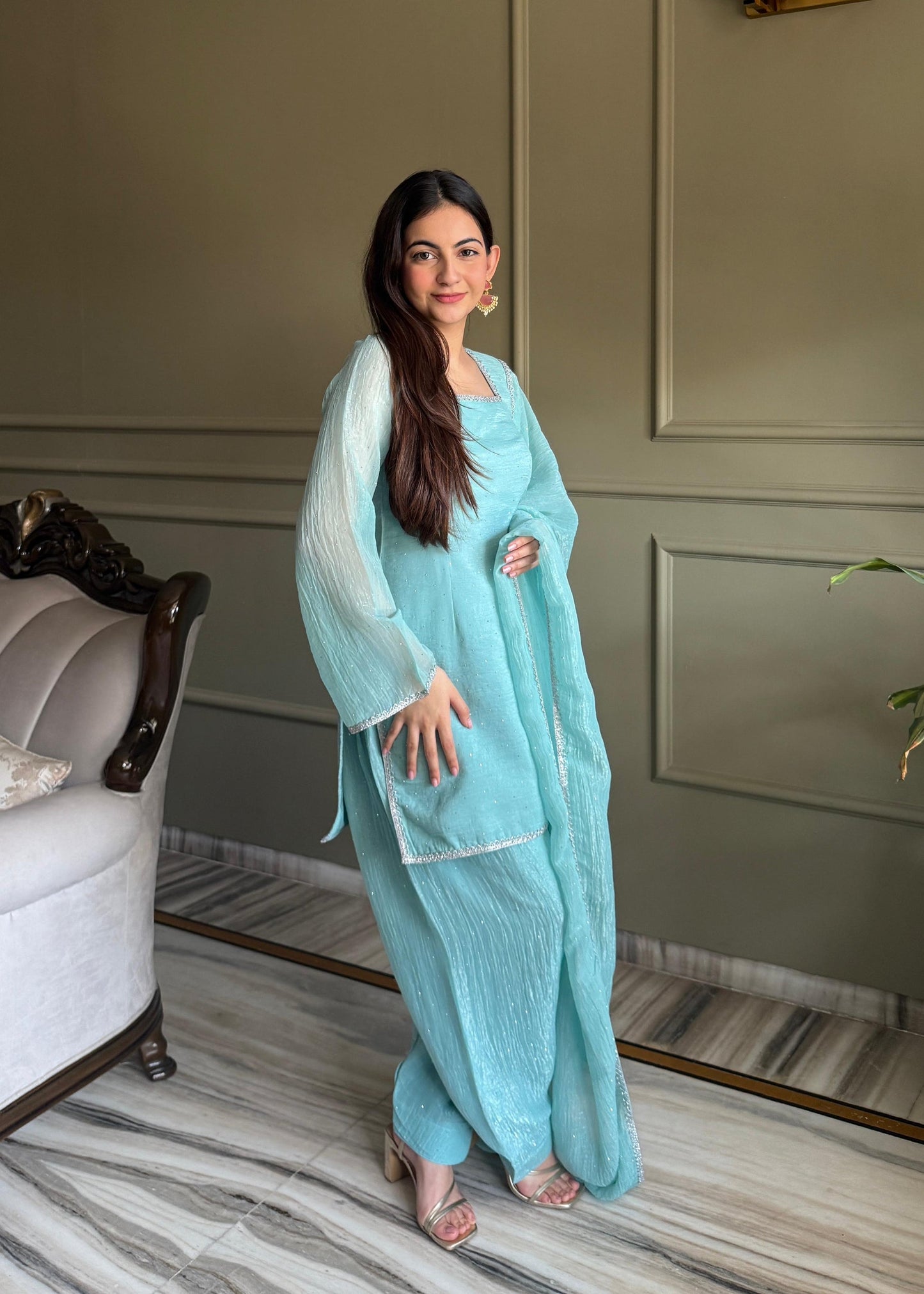 Party Wear Sky Blue Silk Farsi Salwar Suits For Women