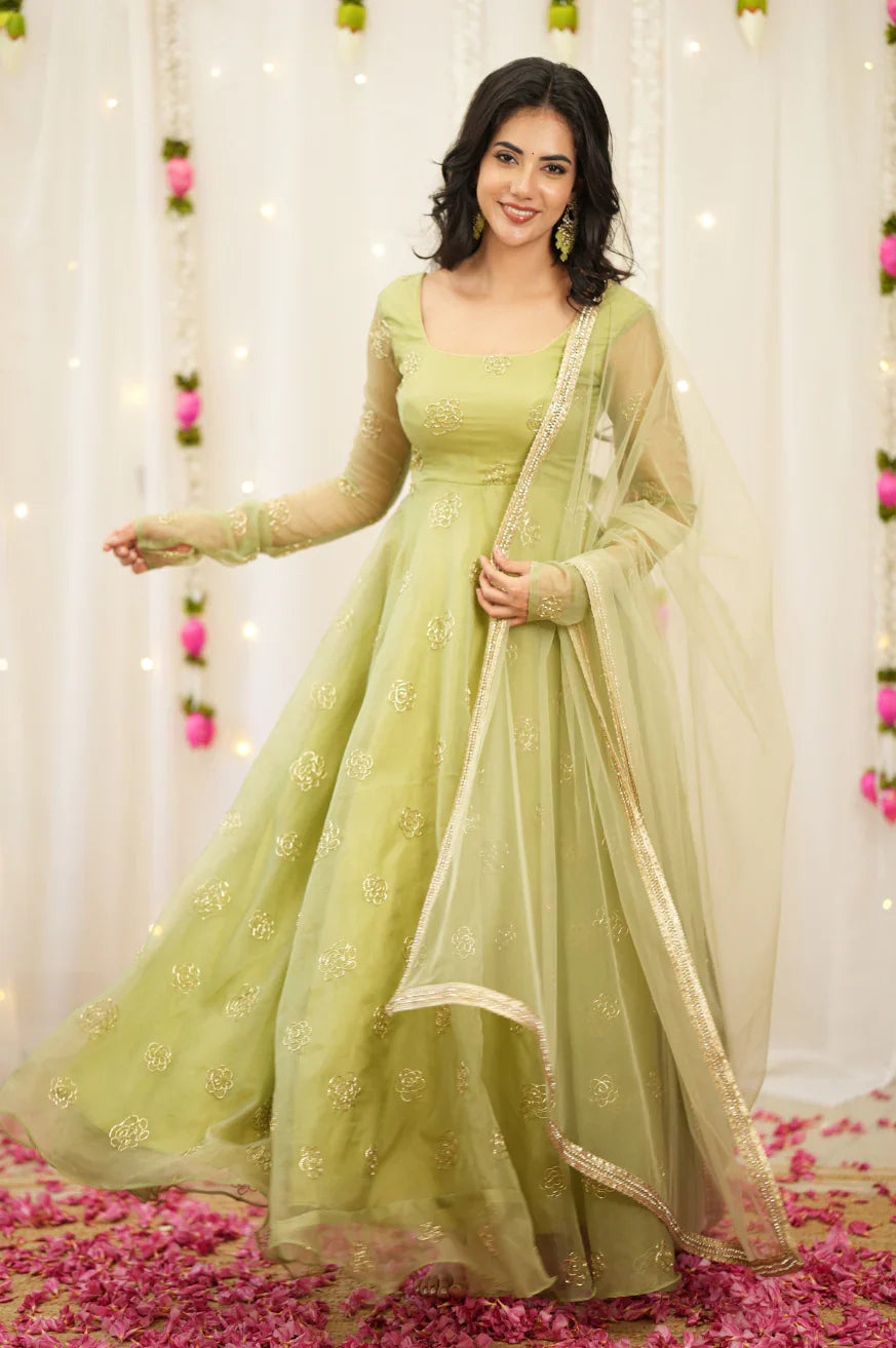 Pastel Green Organza Anarkali Gown with Rose Motif Embroidery & Net Dupatta