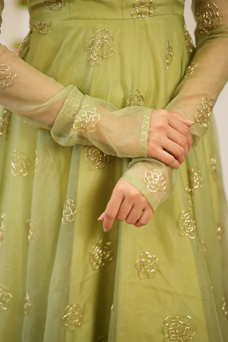 Pastel Green Organza Anarkali Gown with Rose Motif Embroidery & Net Dupatta