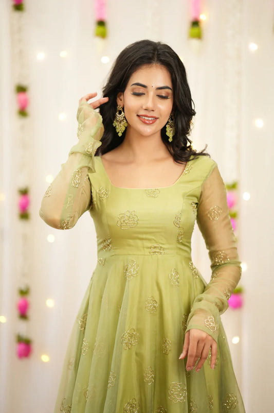 Pastel Green Organza Anarkali Gown with Rose Motif Embroidery & Net Dupatta