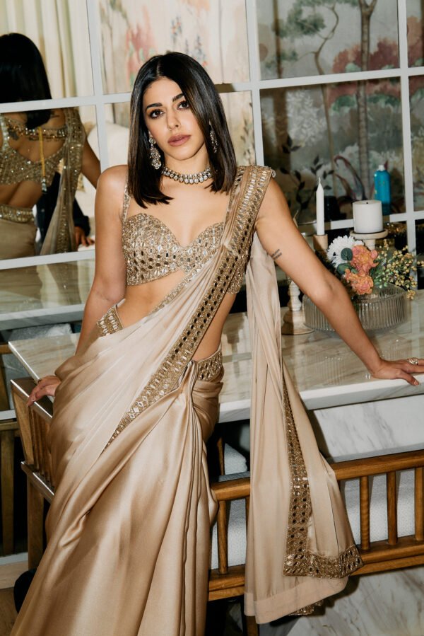 Party Wear Satin Silk Saree with Real Hand Mirror Work Saree