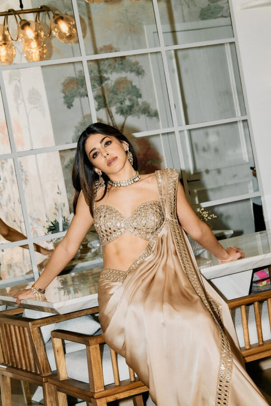 Party Wear Satin Silk Saree with Real Hand Mirror Work