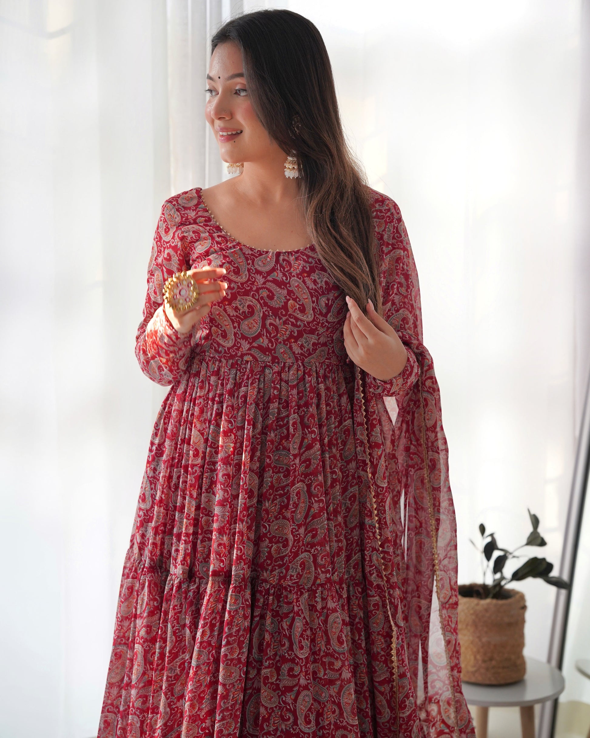 Winsome Faux Georgette Kalamkari Printed Anarkali Pant Suit - INDIAN ELEGANCE
