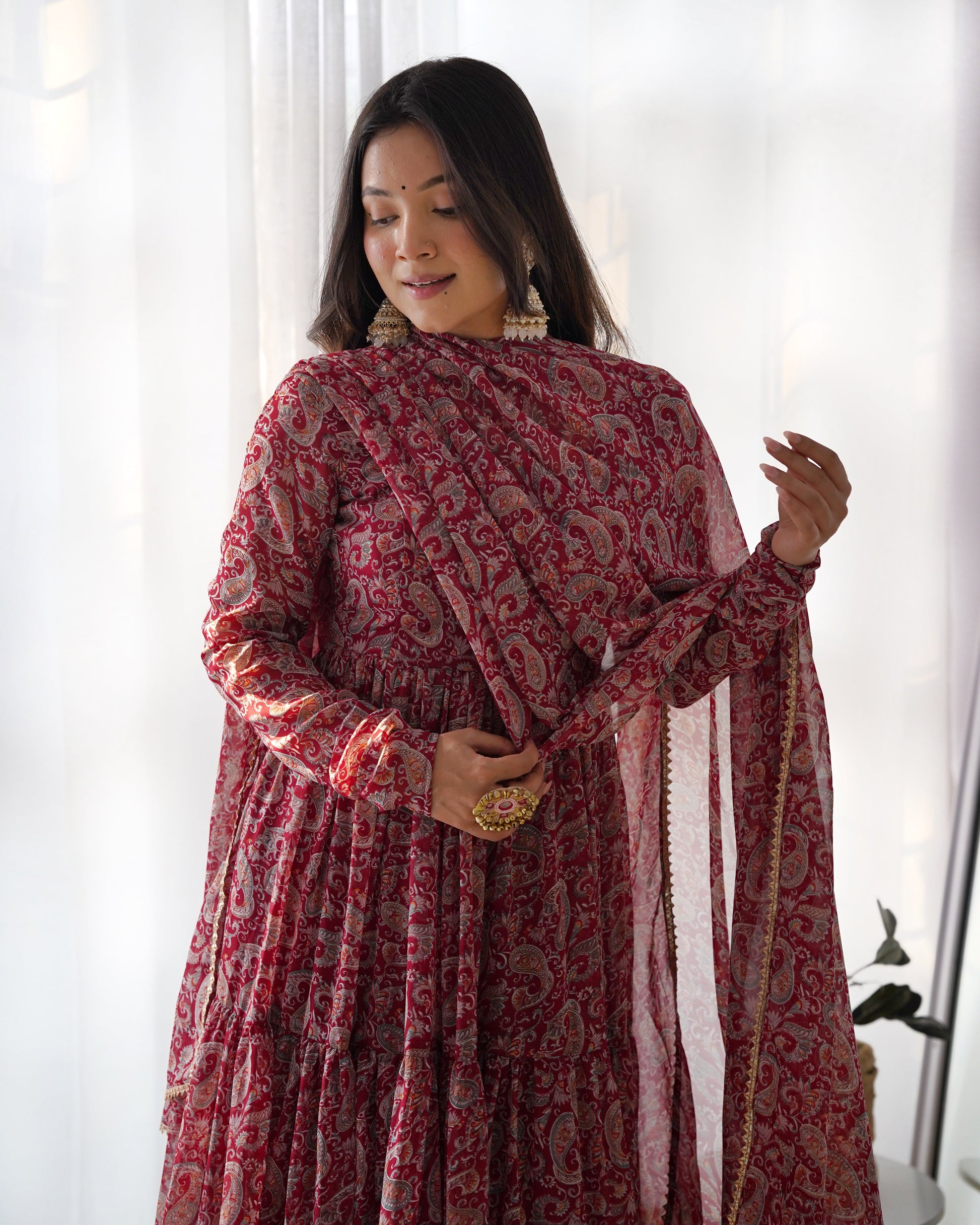 Winsome Faux Georgette Kalamkari Printed Anarkali Pant Suit - INDIAN ELEGANCE
