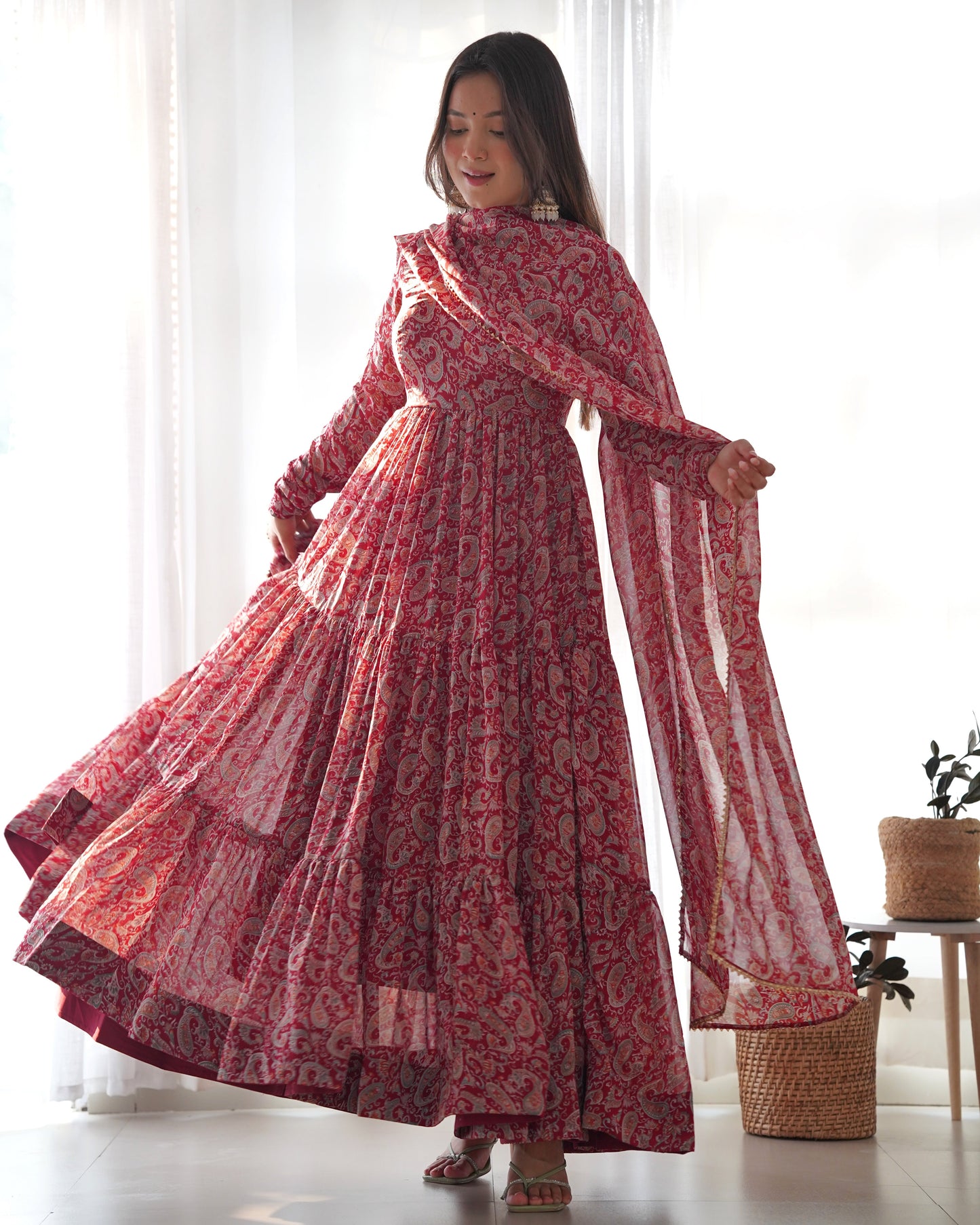 Winsome Faux Georgette Kalamkari Printed Anarkali Pant Suit - INDIAN ELEGANCE