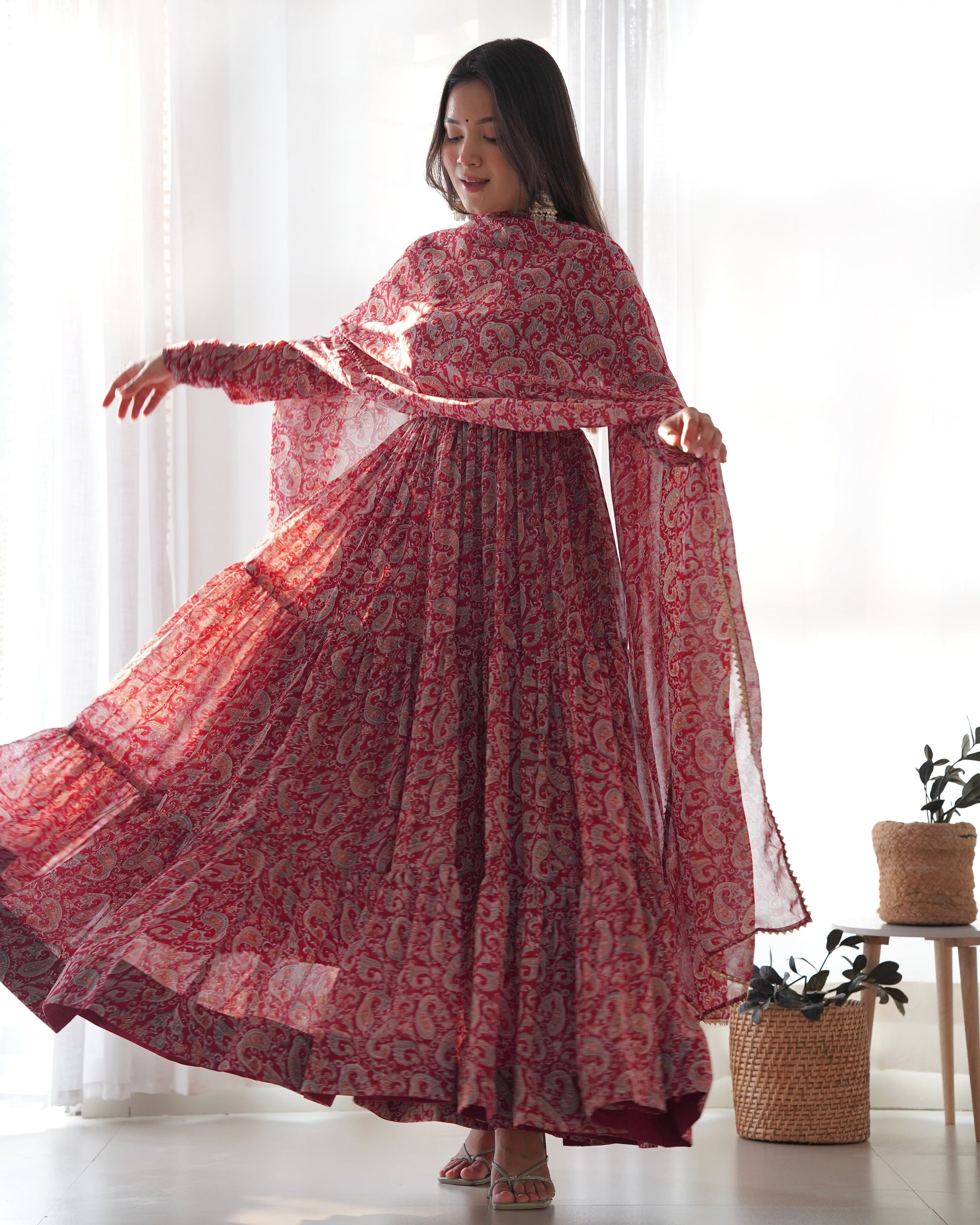 Winsome Faux Georgette Kalamkari Printed Anarkali Pant Suit - INDIAN ELEGANCE
