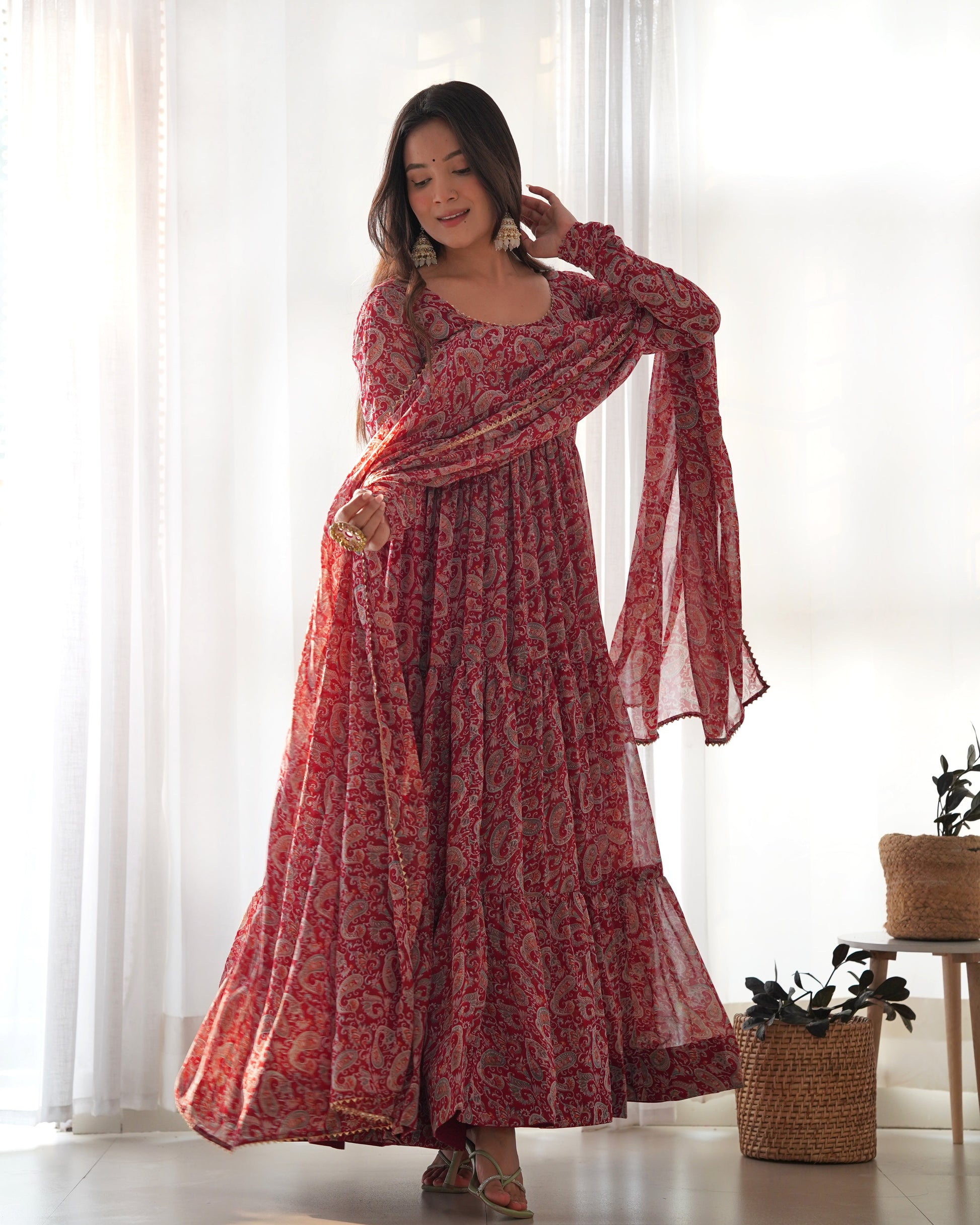 Winsome Faux Georgette Kalamkari Printed Anarkali Pant Suit - INDIAN ELEGANCE