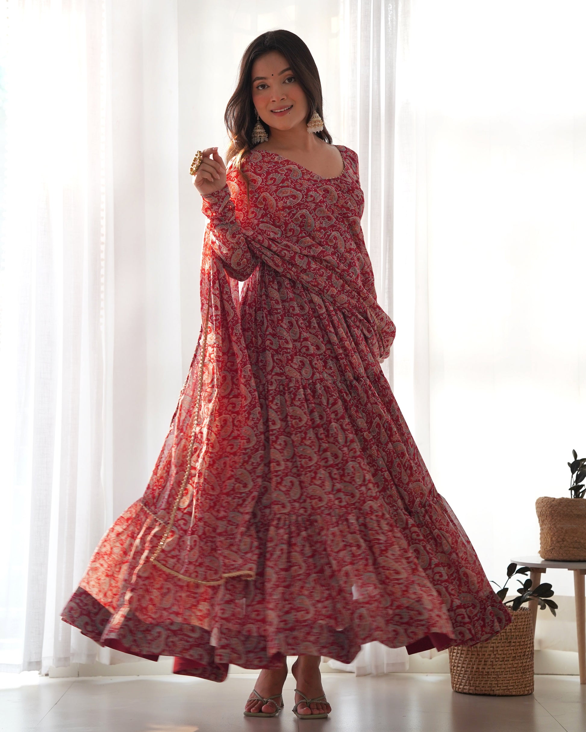Winsome Faux Georgette Kalamkari Printed Anarkali Pant Suit - INDIAN ELEGANCE