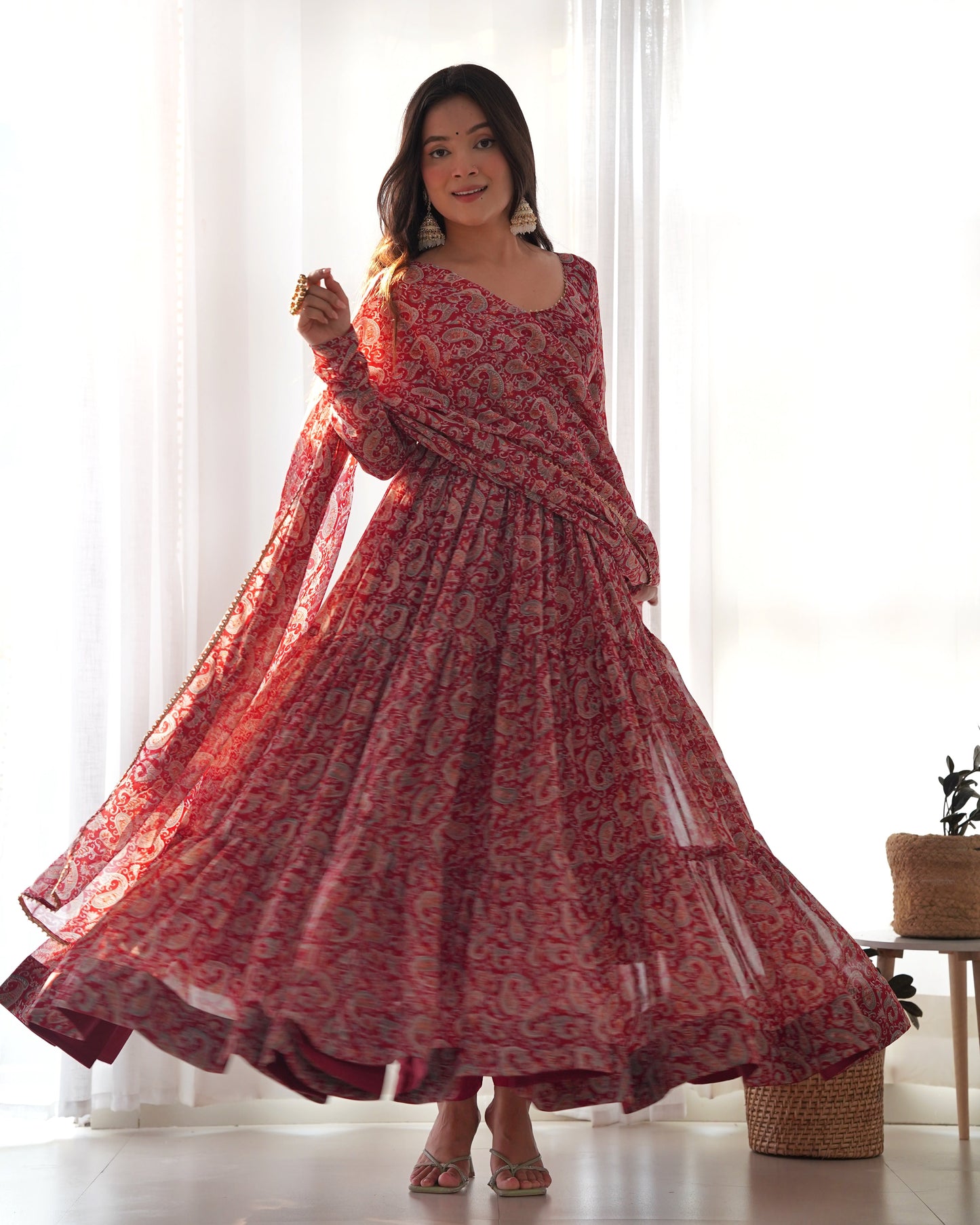 Winsome Faux Georgette Kalamkari Printed Anarkali Pant Suit - INDIAN ELEGANCE