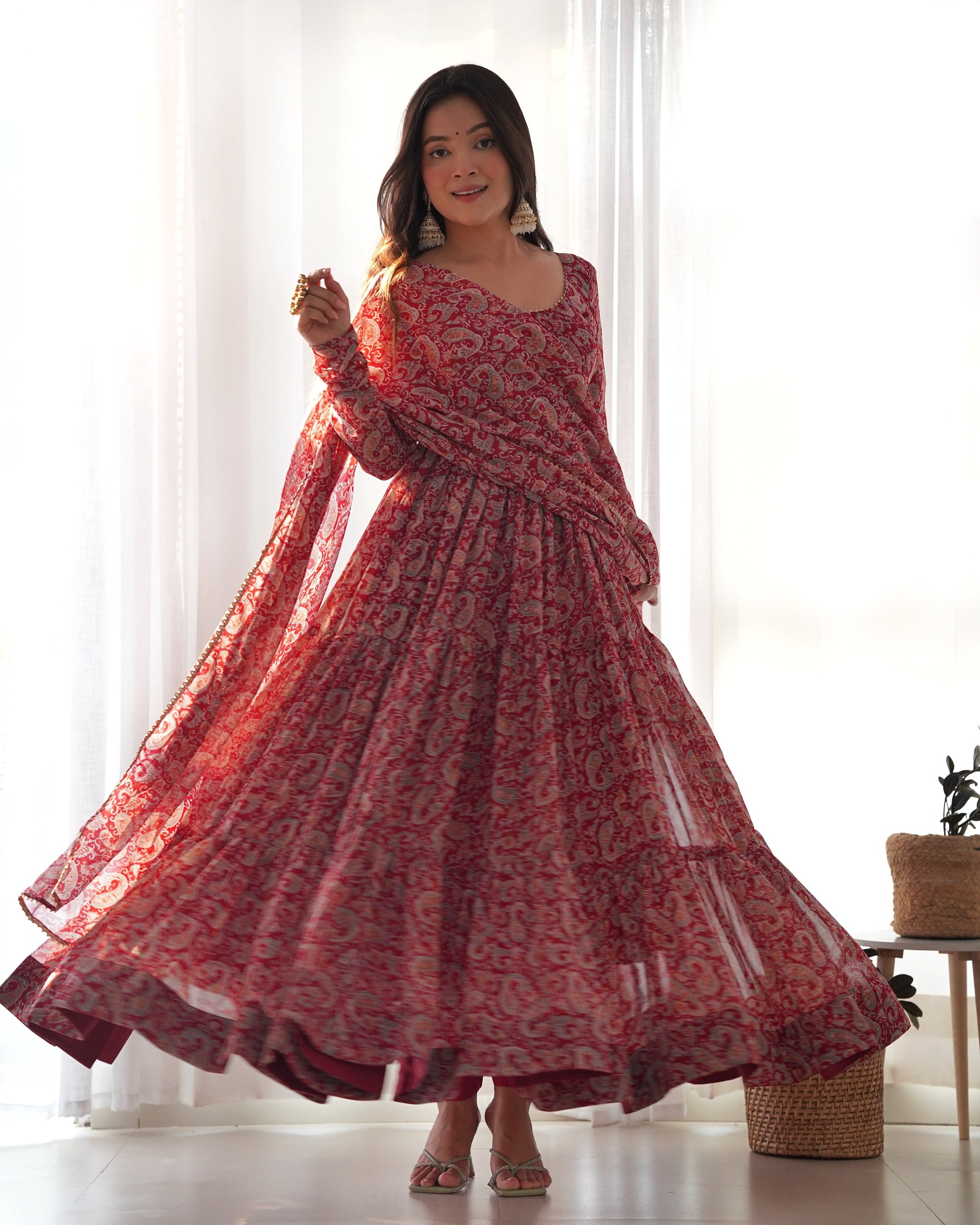 Winsome Faux Georgette Kalamkari Printed Anarkali Pant Suit - INDIAN ELEGANCE