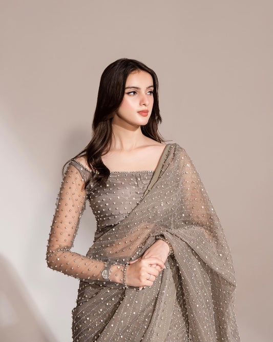 Designer Party Wear Grey Saree For Women | Wedding Reception Wear