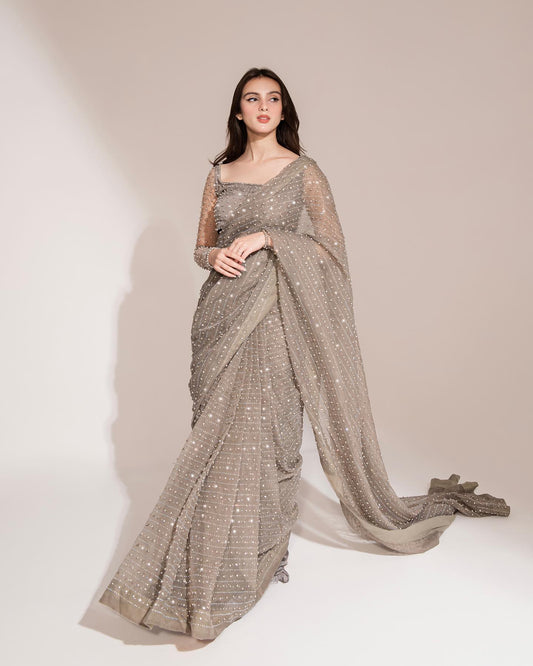 Designer Party Wear Grey Saree For Women | Wedding Reception Wear