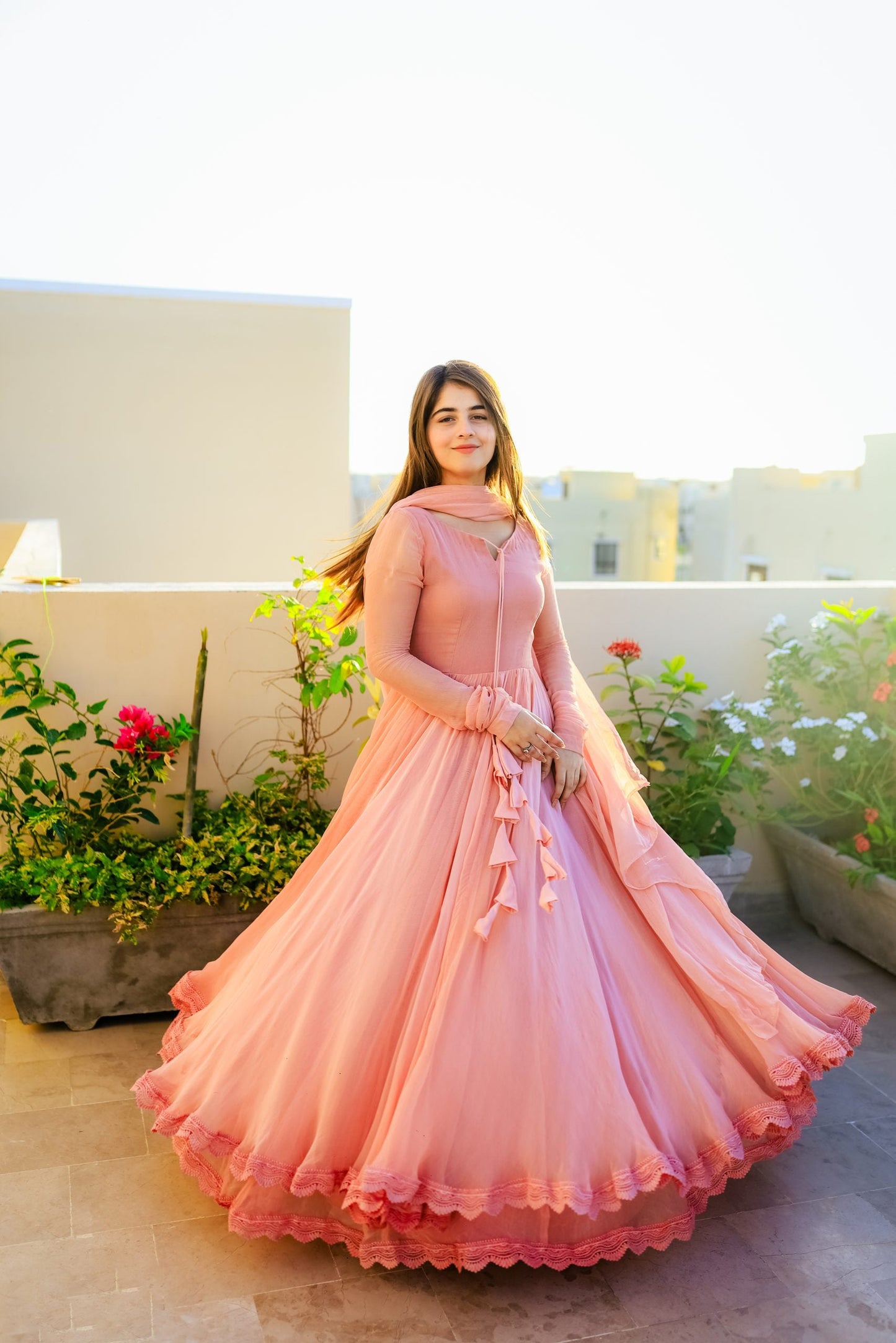 Women’s Peach Faux Georgette Double Layered Anarkali Gown with Dupatta | Party Wear double layered anarkali Suit Set