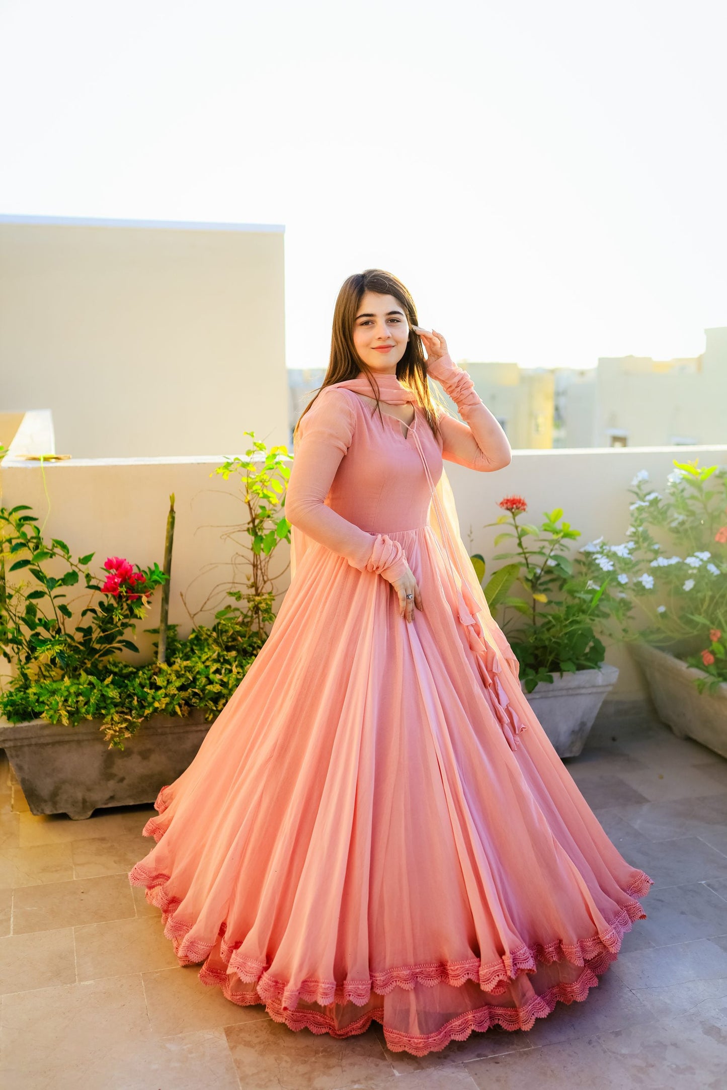 Women’s Peach Faux Georgette Double Layered Anarkali Gown with Dupatta | Party Wear double layered anarkali Suit Set