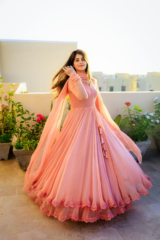 Women’s Peach Faux Georgette Double Layered Anarkali Gown with Dupatta | Party Wear double layered anarkali Suit Set