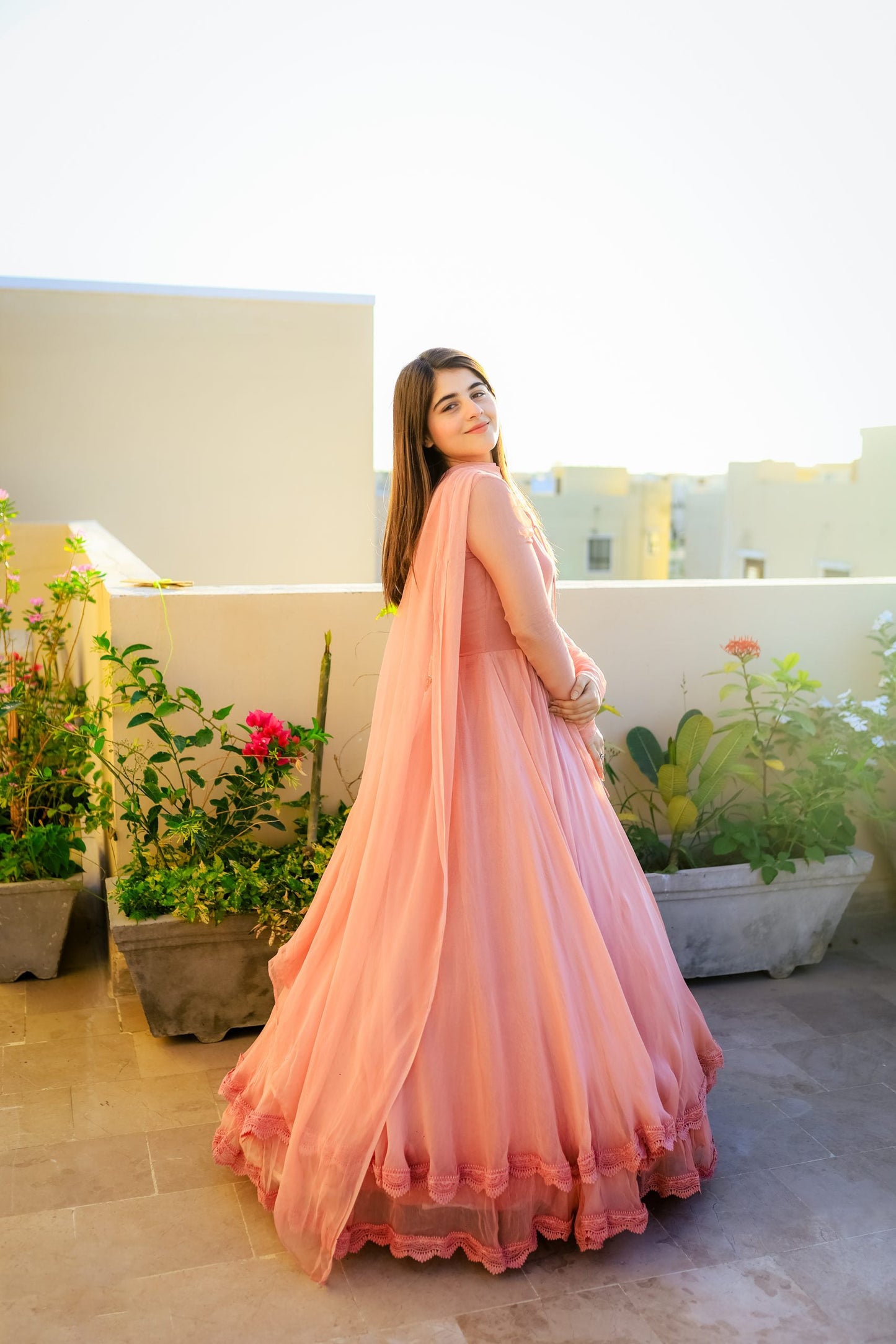 Women’s Peach Faux Georgette Double Layered Anarkali Gown with Dupatta | Party Wear double layered anarkali Suit Set