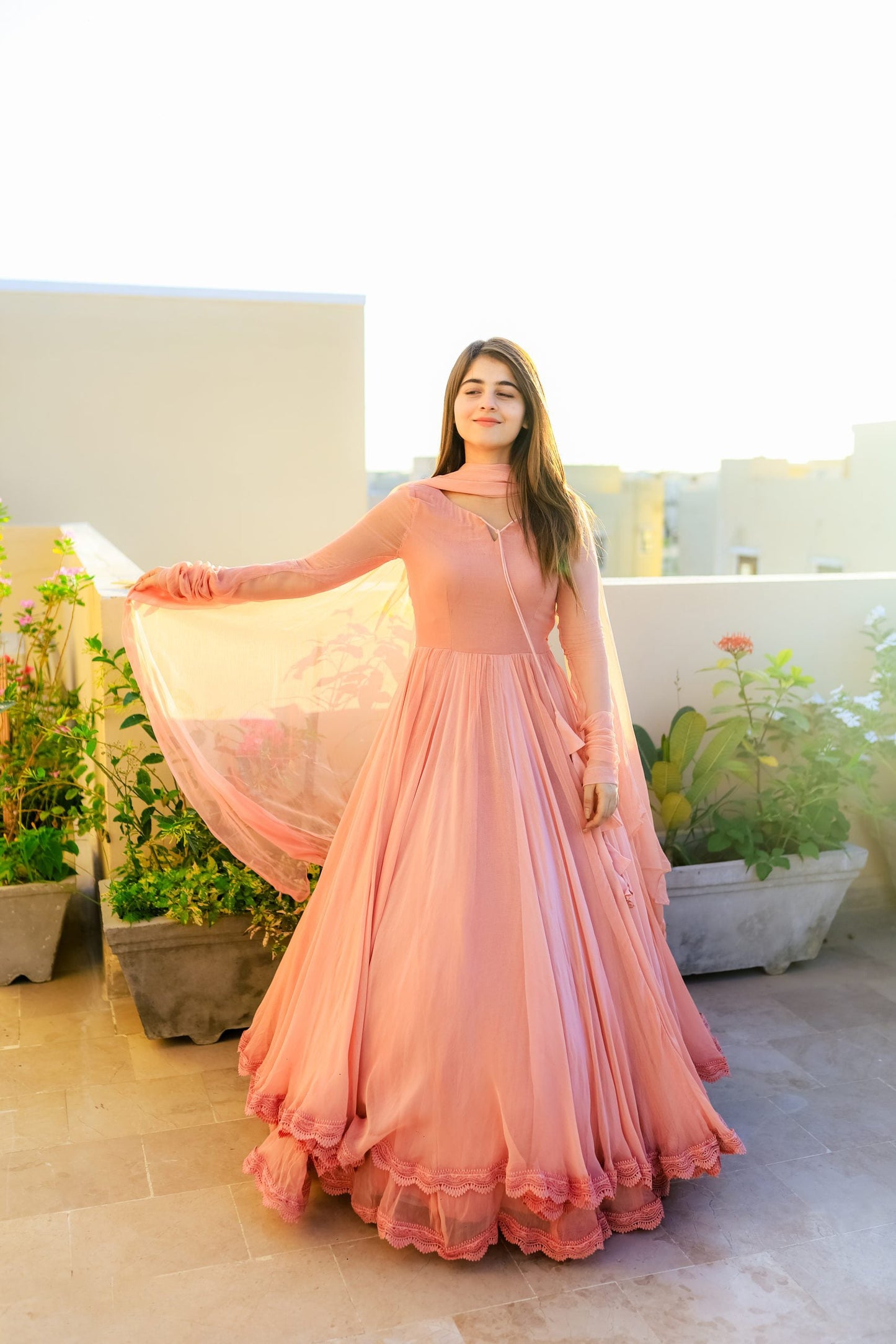 Women’s Peach Faux Georgette Double Layered Anarkali Gown with Dupatta | Party Wear double layered anarkali Suit Set