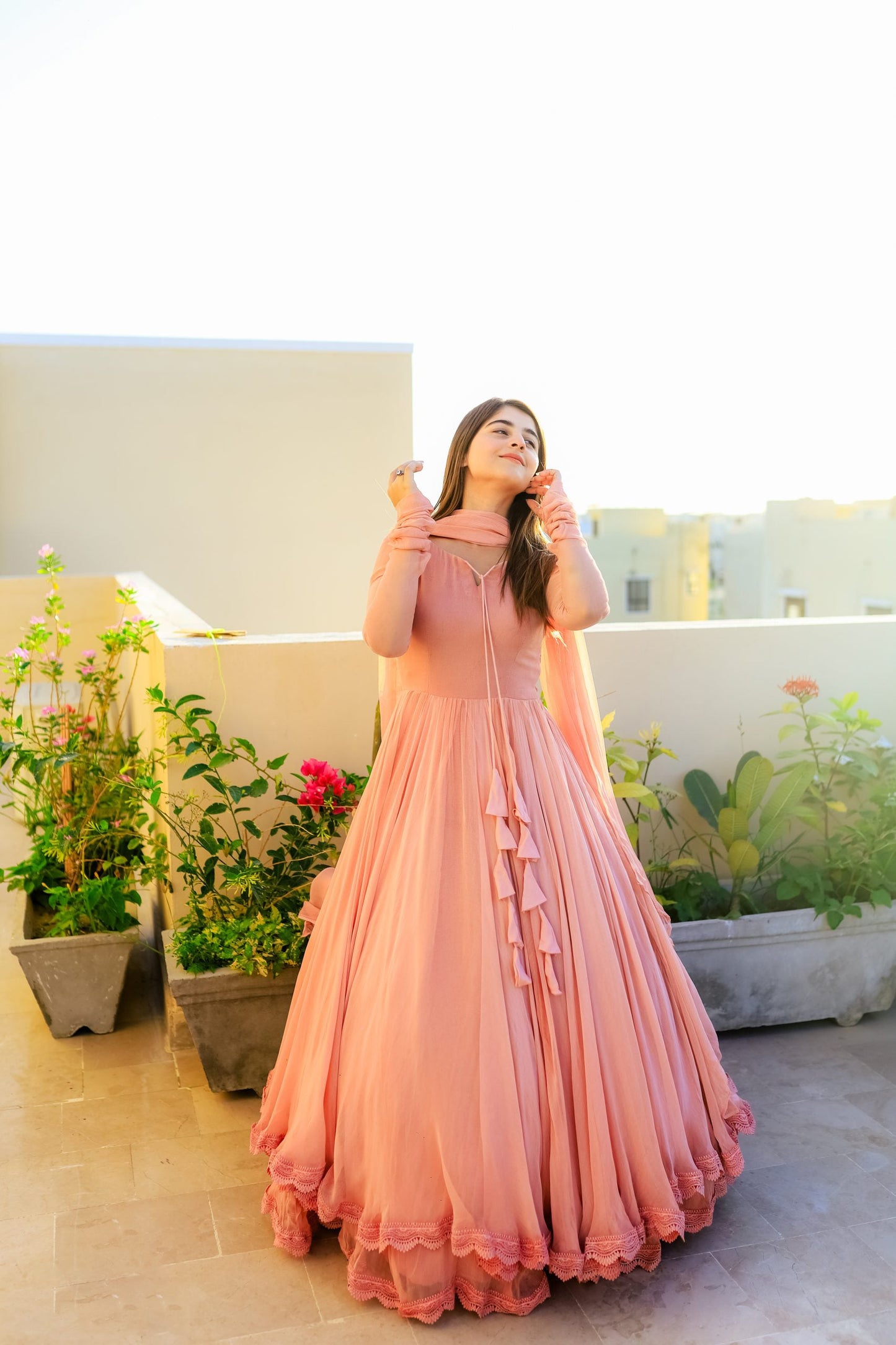 Women’s Peach Faux Georgette Double Layered Anarkali Gown with Dupatta | Party Wear double layered anarkali Suit Set