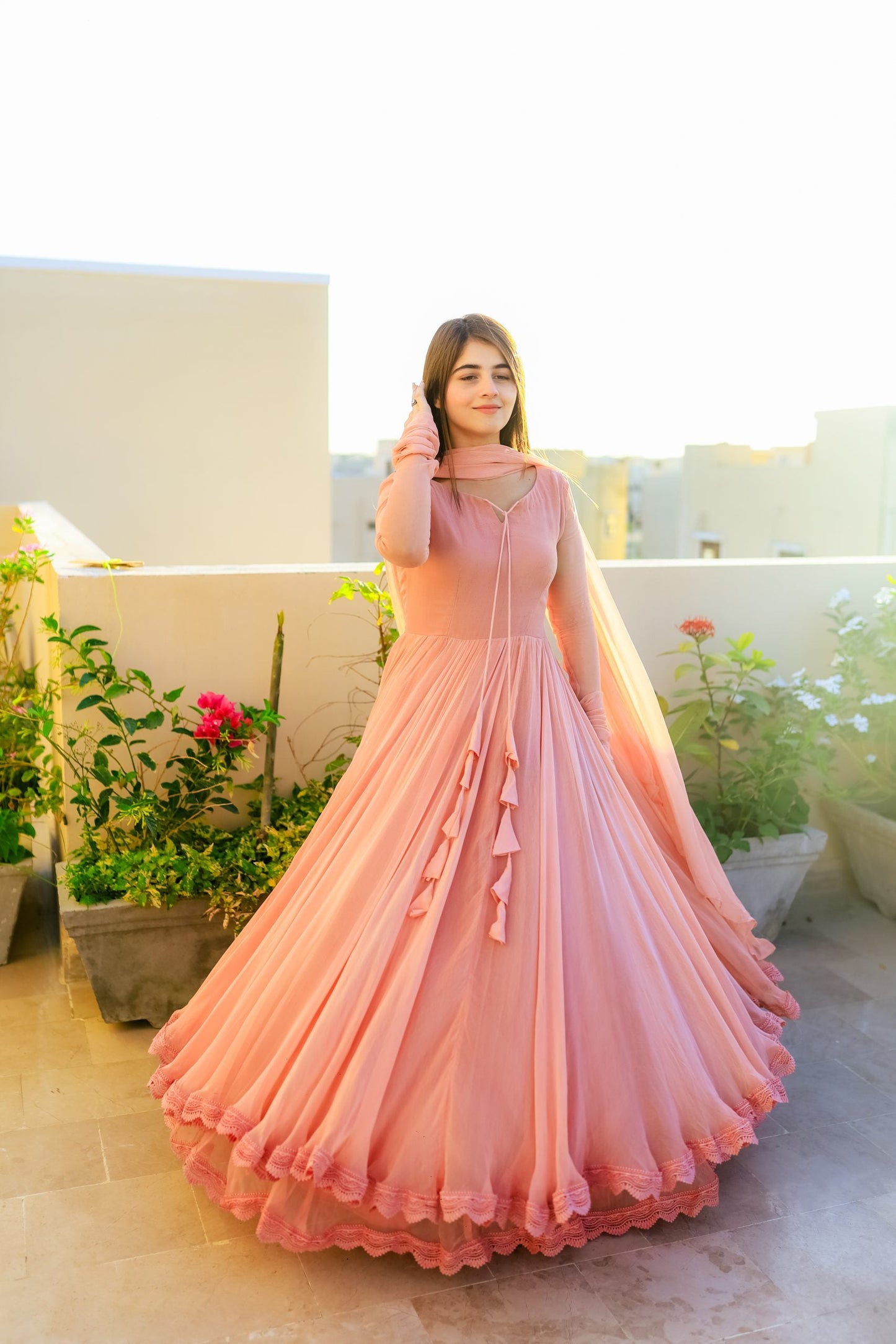 Women’s Peach Faux Georgette Double Layered Anarkali Gown with Dupatta | Party Wear double layered anarkali Suit Set