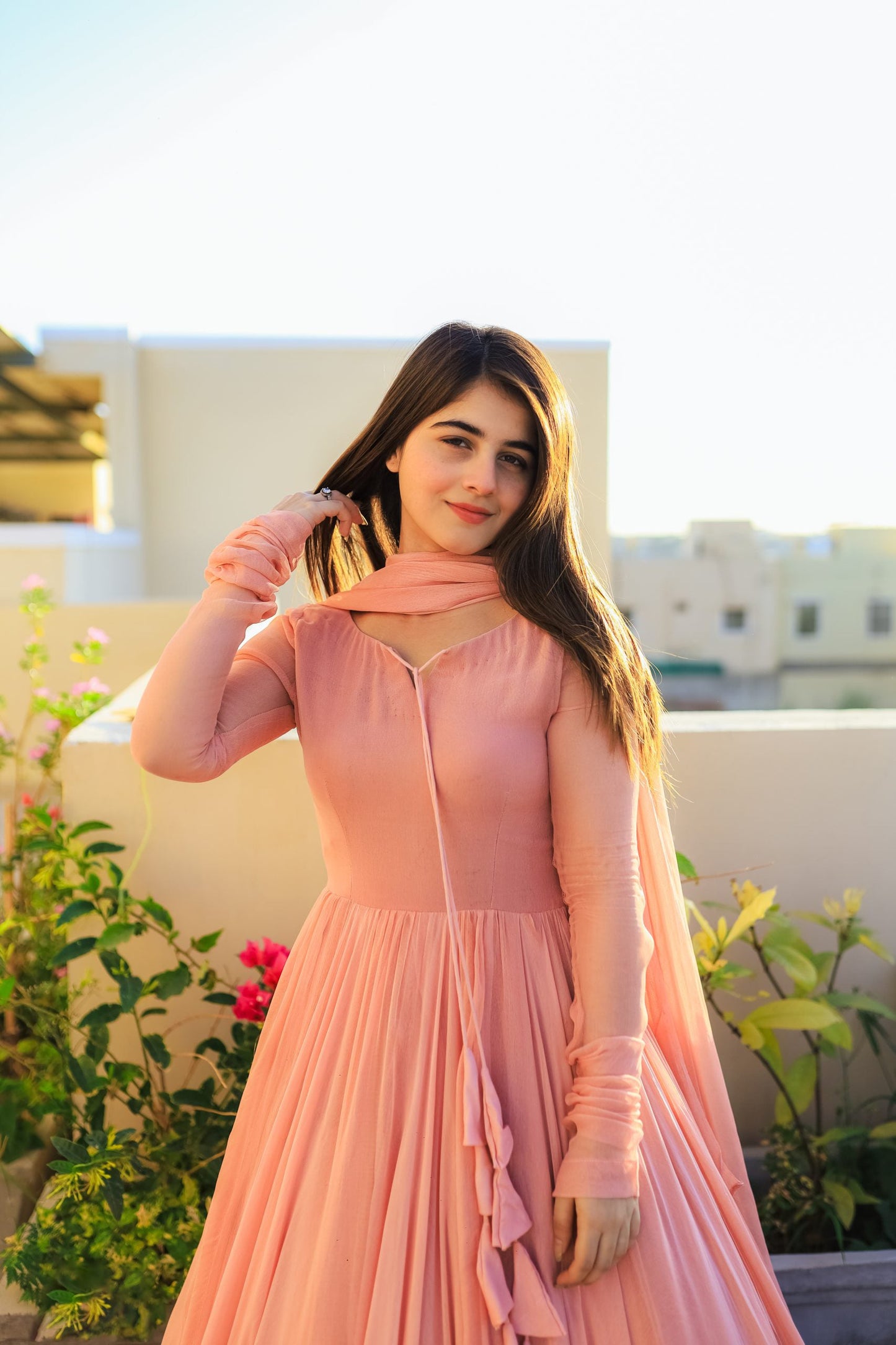 Women’s Peach Faux Georgette Double Layered Anarkali Gown with Dupatta | Party Wear double layered anarkali Suit Set