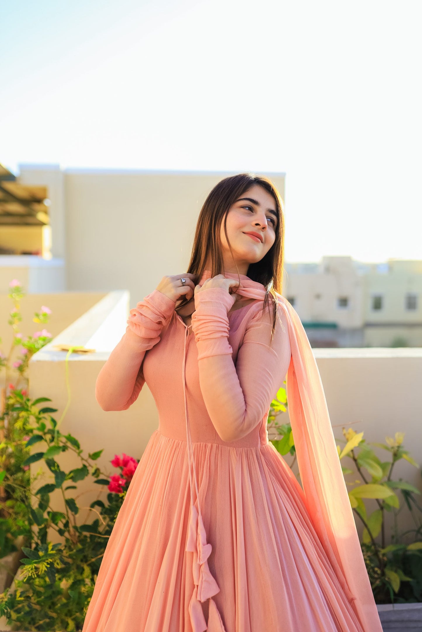 Women’s Peach Faux Georgette Double Layered Anarkali Gown with Dupatta | Party Wear double layered anarkali Suit Set