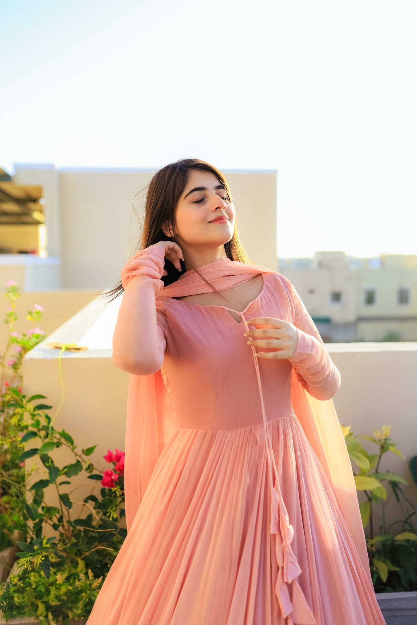 Women’s Peach Faux Georgette Double Layered Anarkali Gown with Dupatta | Party Wear double layered anarkali Suit Set