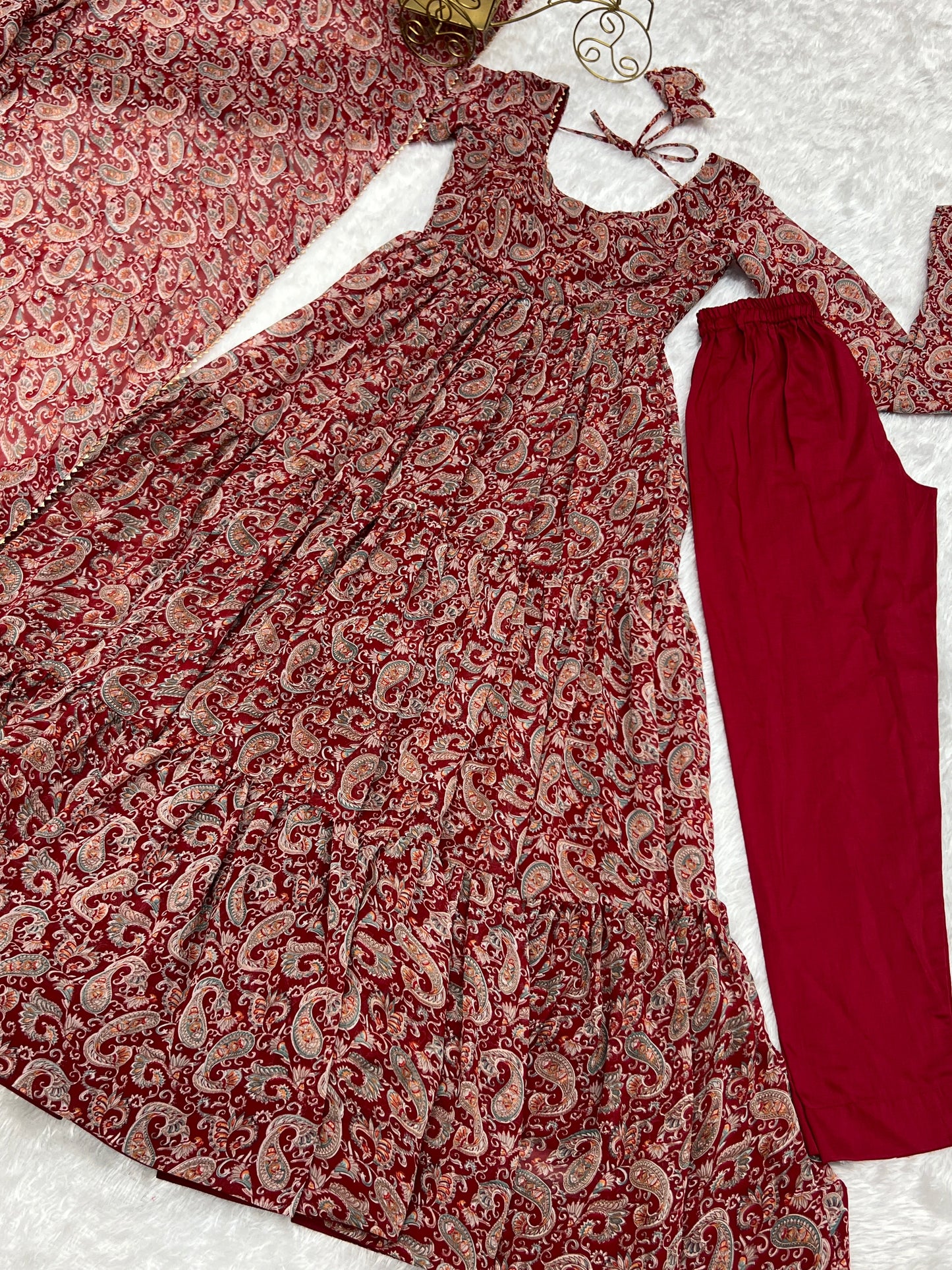 Winsome Faux Georgette Kalamkari Printed Anarkali Pant Suit - INDIAN ELEGANCE