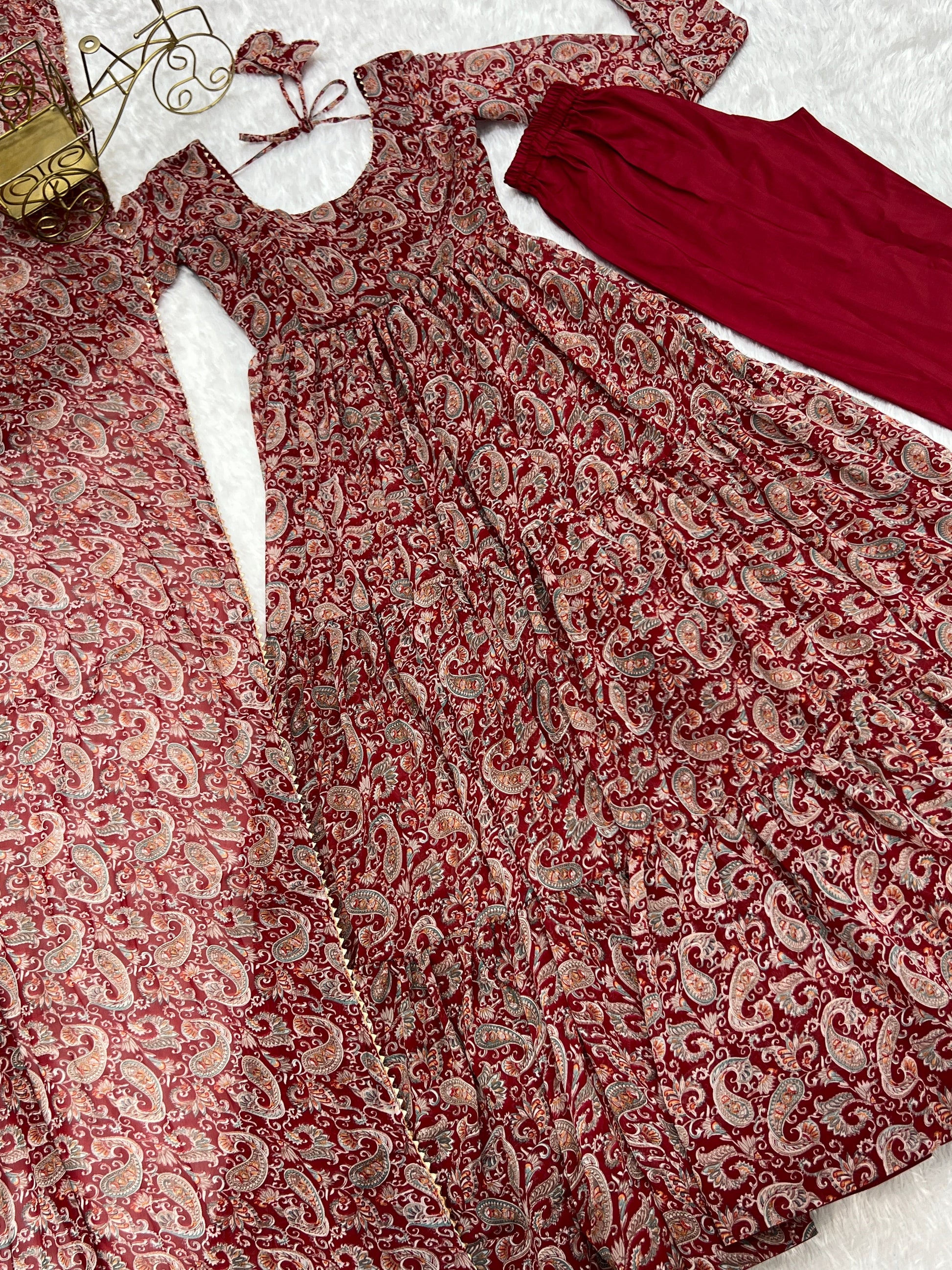 Winsome Faux Georgette Kalamkari Printed Anarkali Pant Suit - INDIAN ELEGANCE