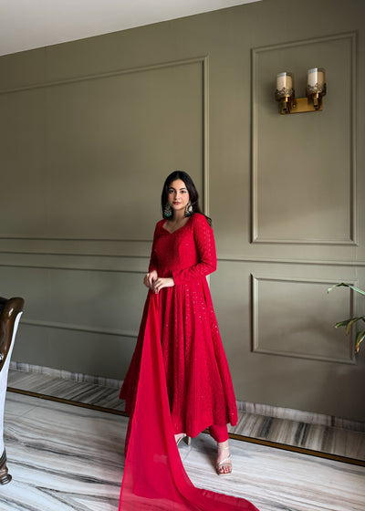 Red Georgette Lucknowi Anarkali Suit Set With Ruffle Dupatta for Women | Designer Party Wear Outfit