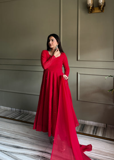 Red Georgette Lucknowi Anarkali Suit Set With Ruffle Dupatta for Women | Designer Party Wear Outfit